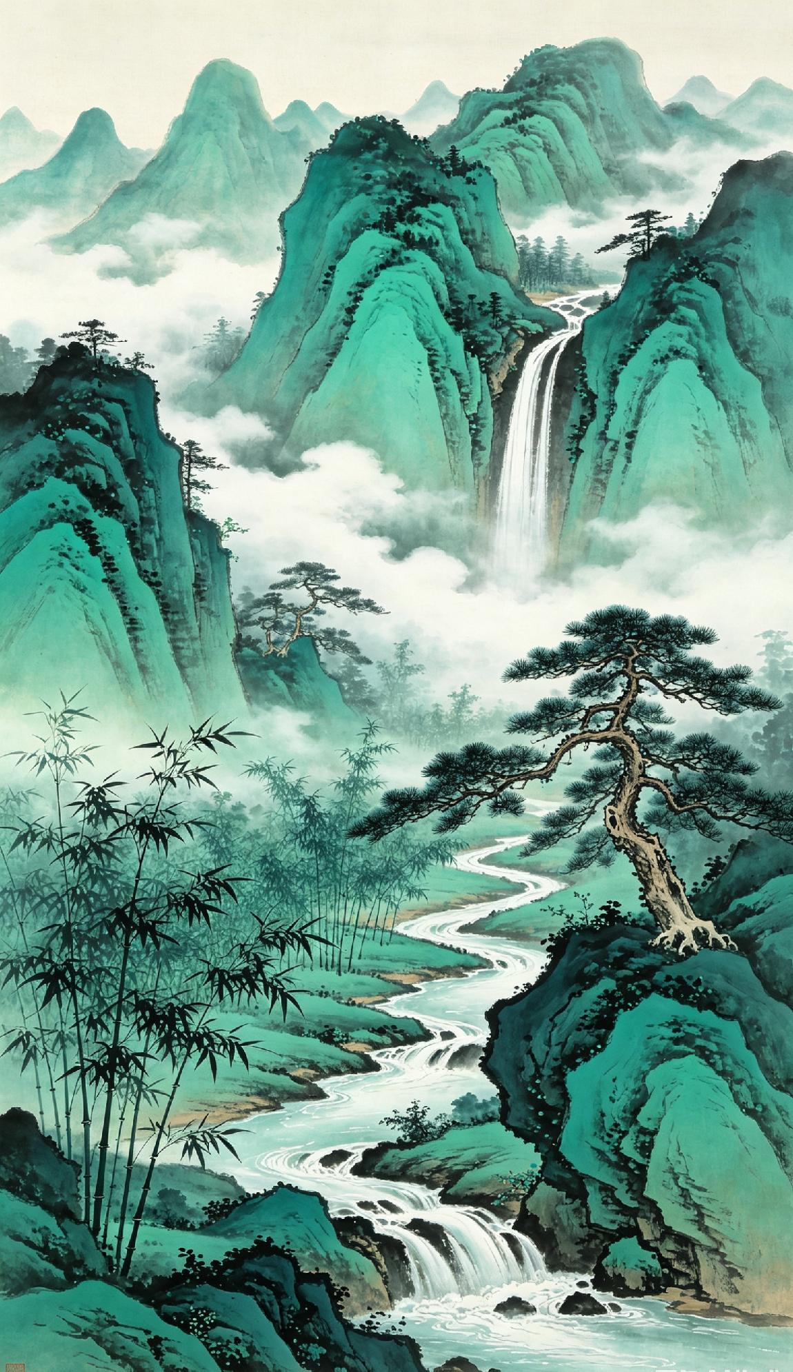 青山连绵云雾缭绕，国风山水意境悠远，赏心悦目
