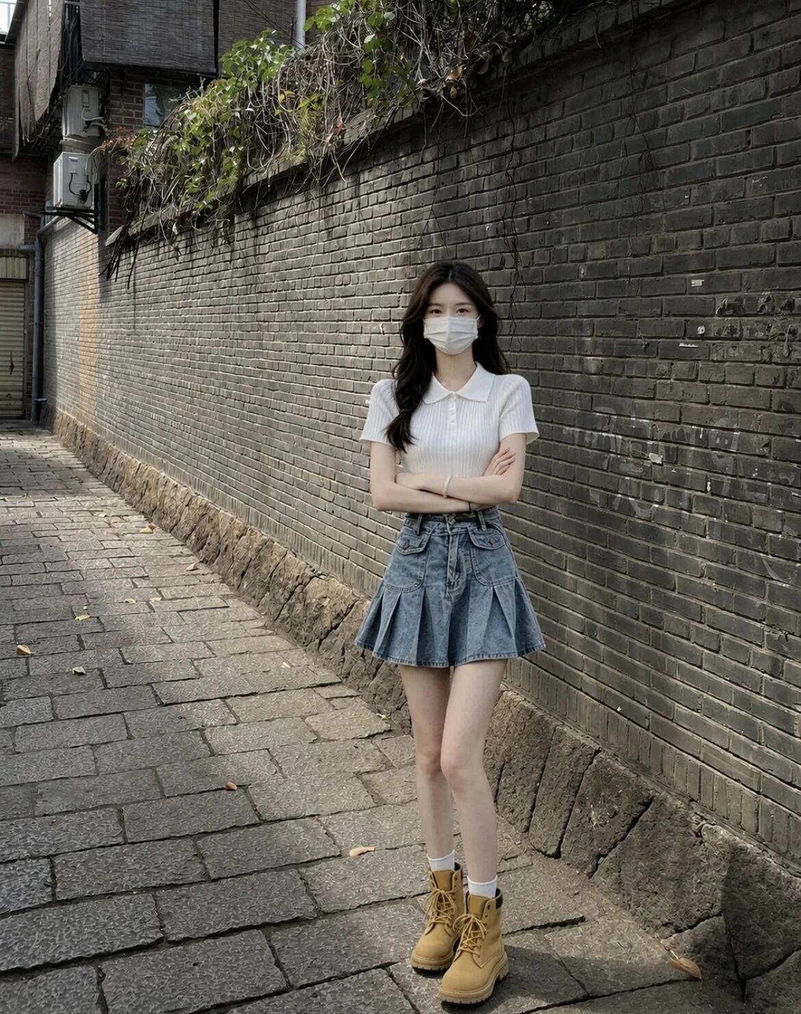 都市少女风穿搭，牛仔短裙+白色上衣，时尚又舒适！👗👠