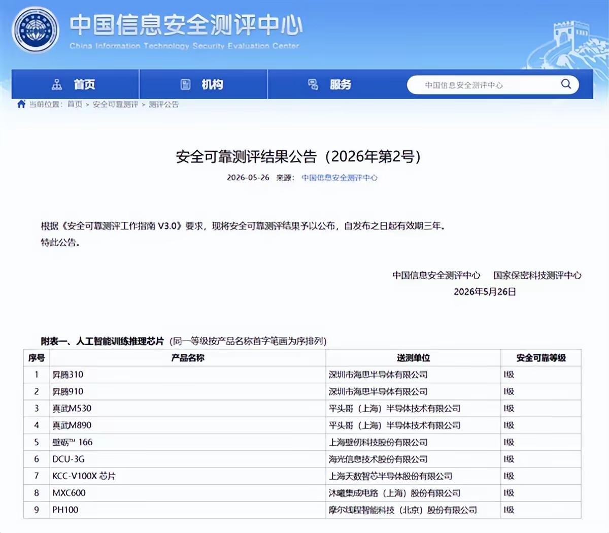 这是漏掉了哪家的芯片了？
近日，中国信息安全测评中心发布2026年第2号安全可靠