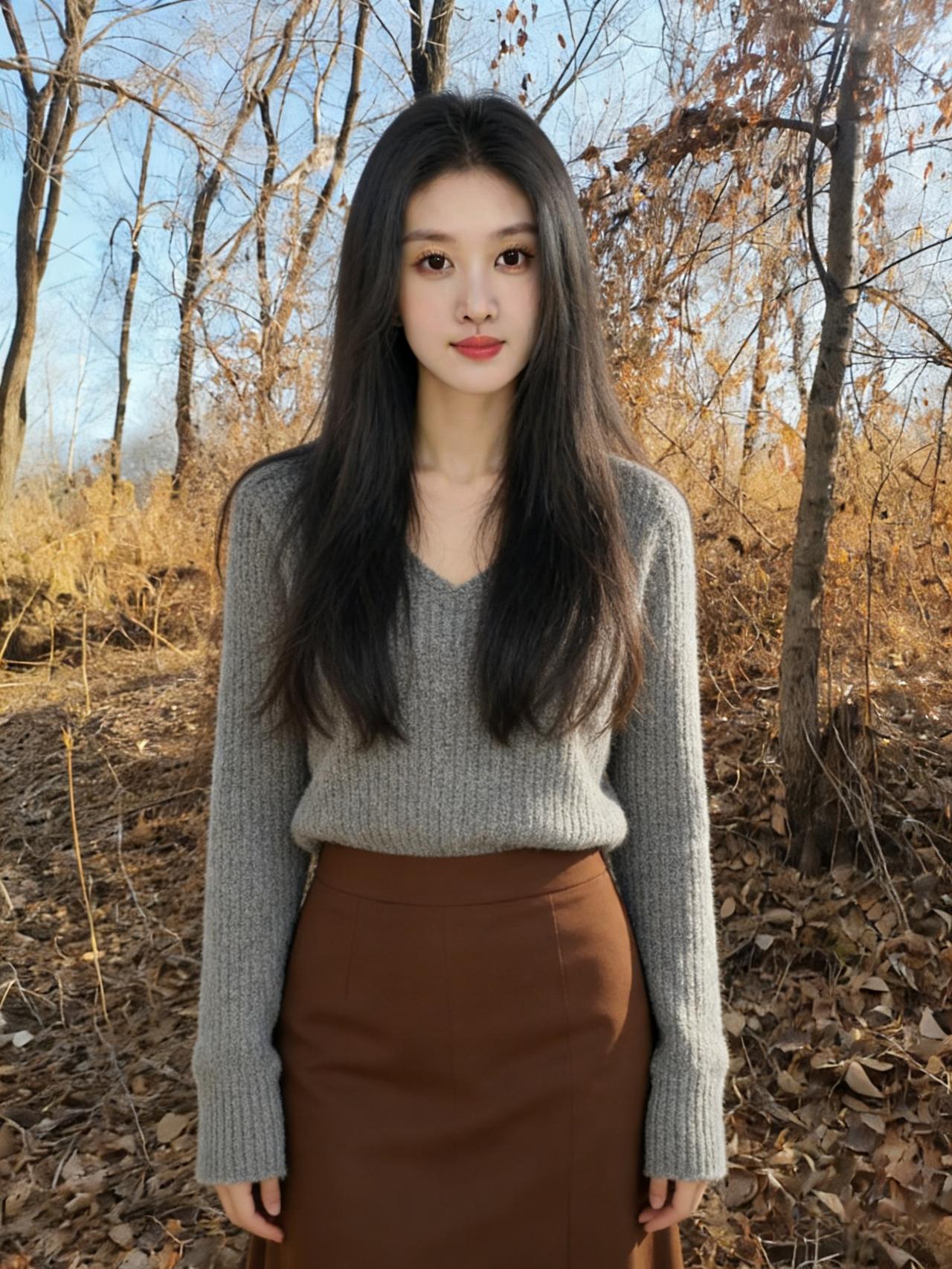 寒林疏木映斜阳，落叶满阶覆野霜。
灰袖轻笼云影瘦，棕裙斜曳土花香。
长发垂垂凝远