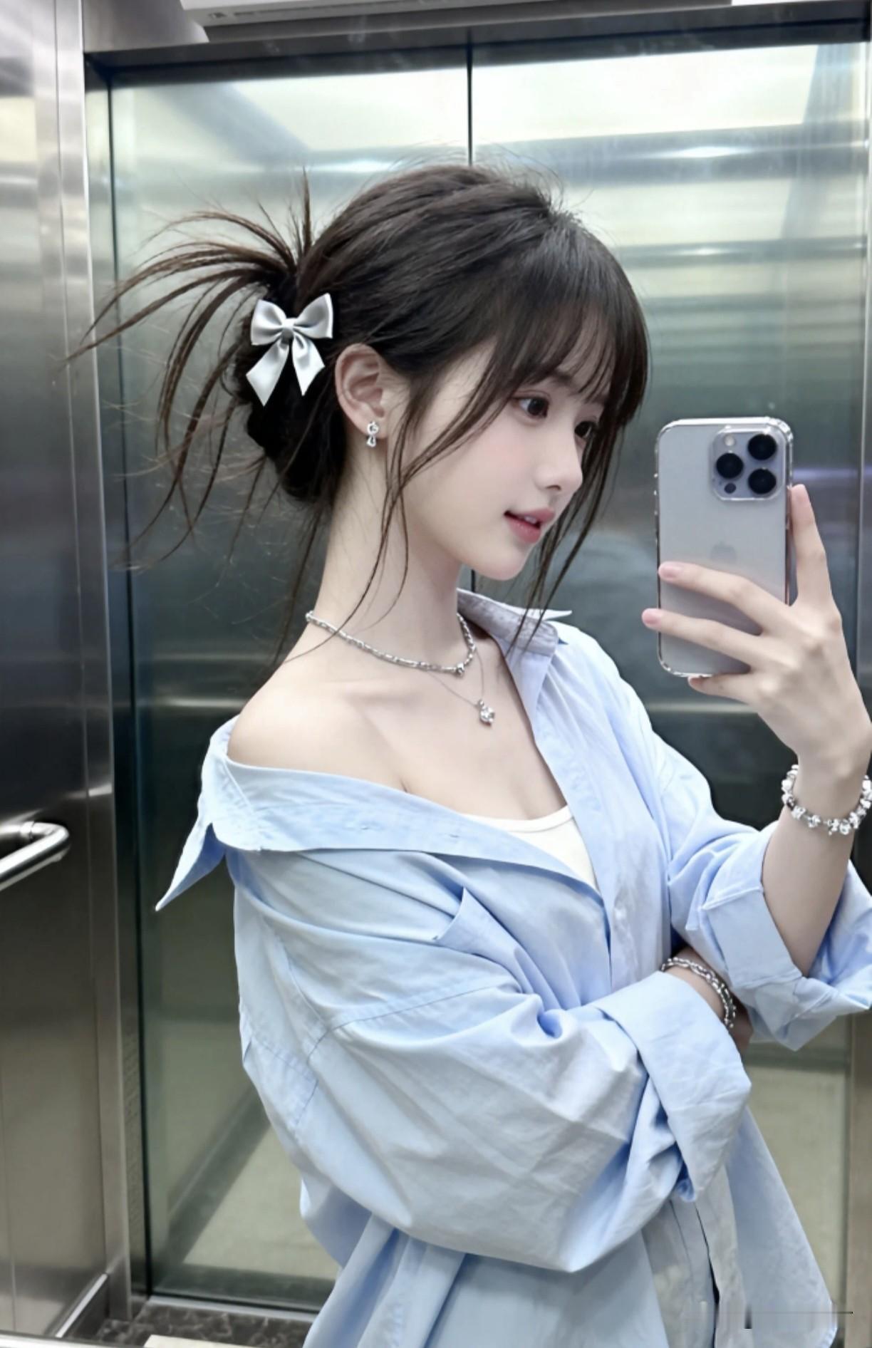 女孩在电梯里自拍，头发扎成蝴蝶结。