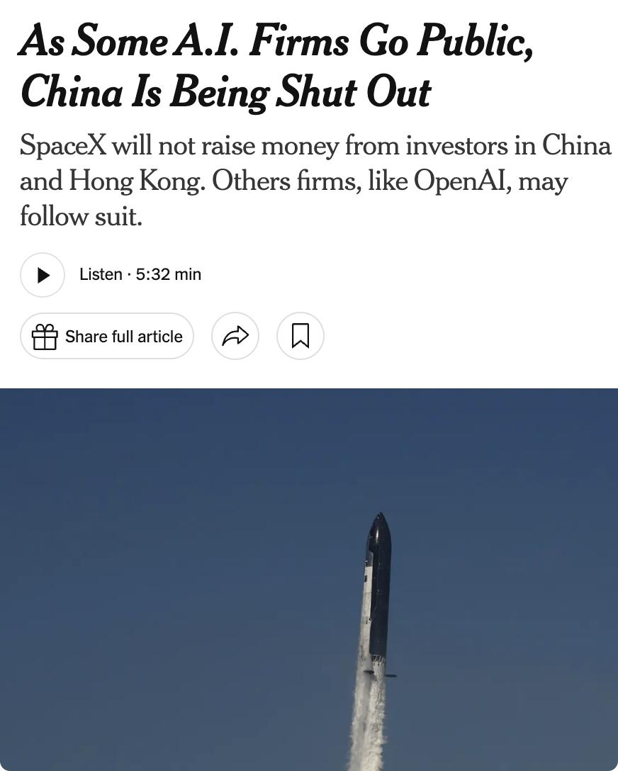 美媒：SpaceX IPO将中国投资者排除在外，OpenAI或跟进效仿

Spa