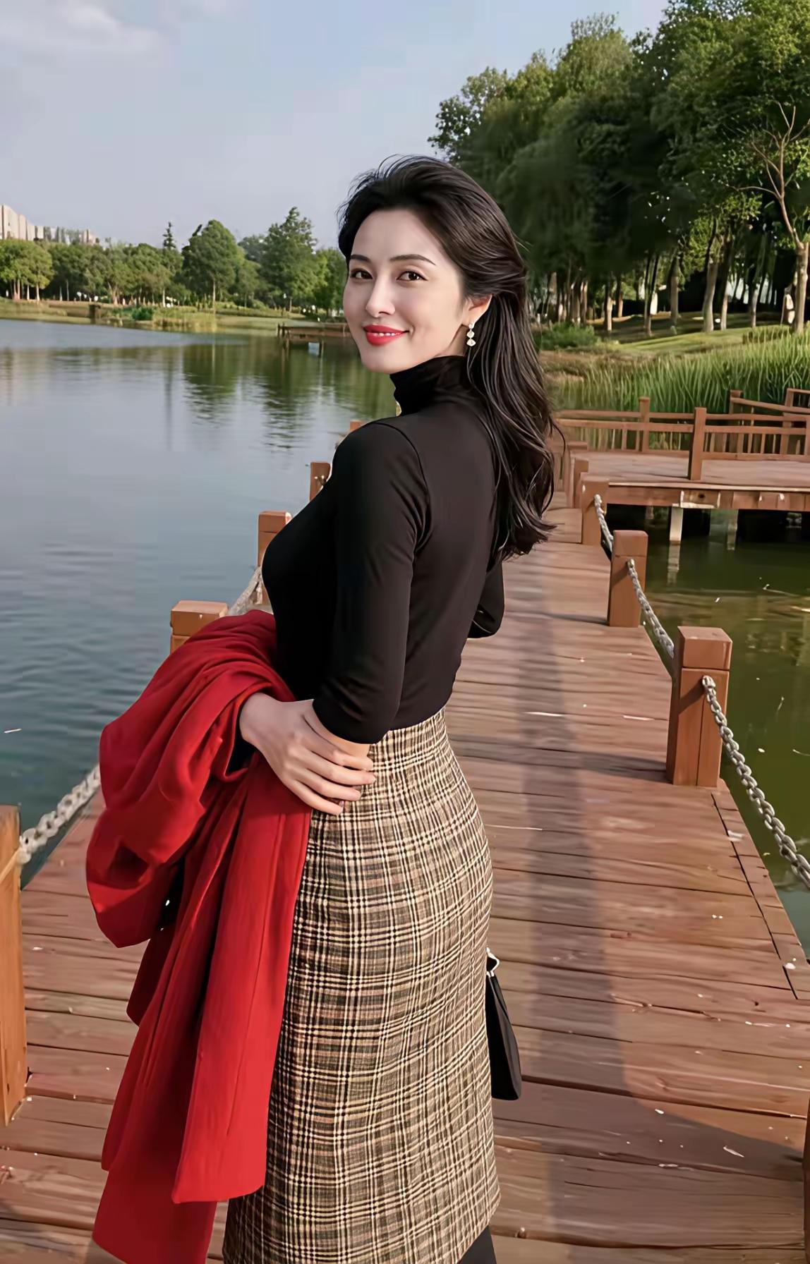 优雅漫步湖畔，红衣黑裙，尽显时尚魅力！🌸👗💃