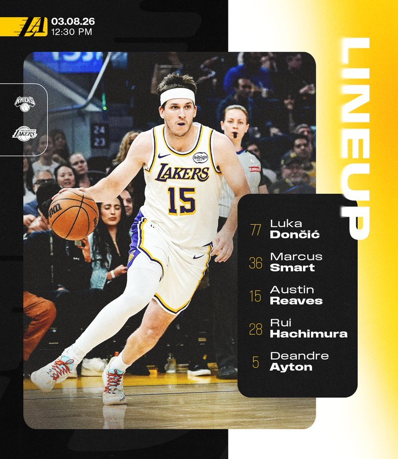 今日首发：东契奇，斯玛特，艾顿，八村垒，里夫斯。尼克斯vs湖人洛杉矶湖人