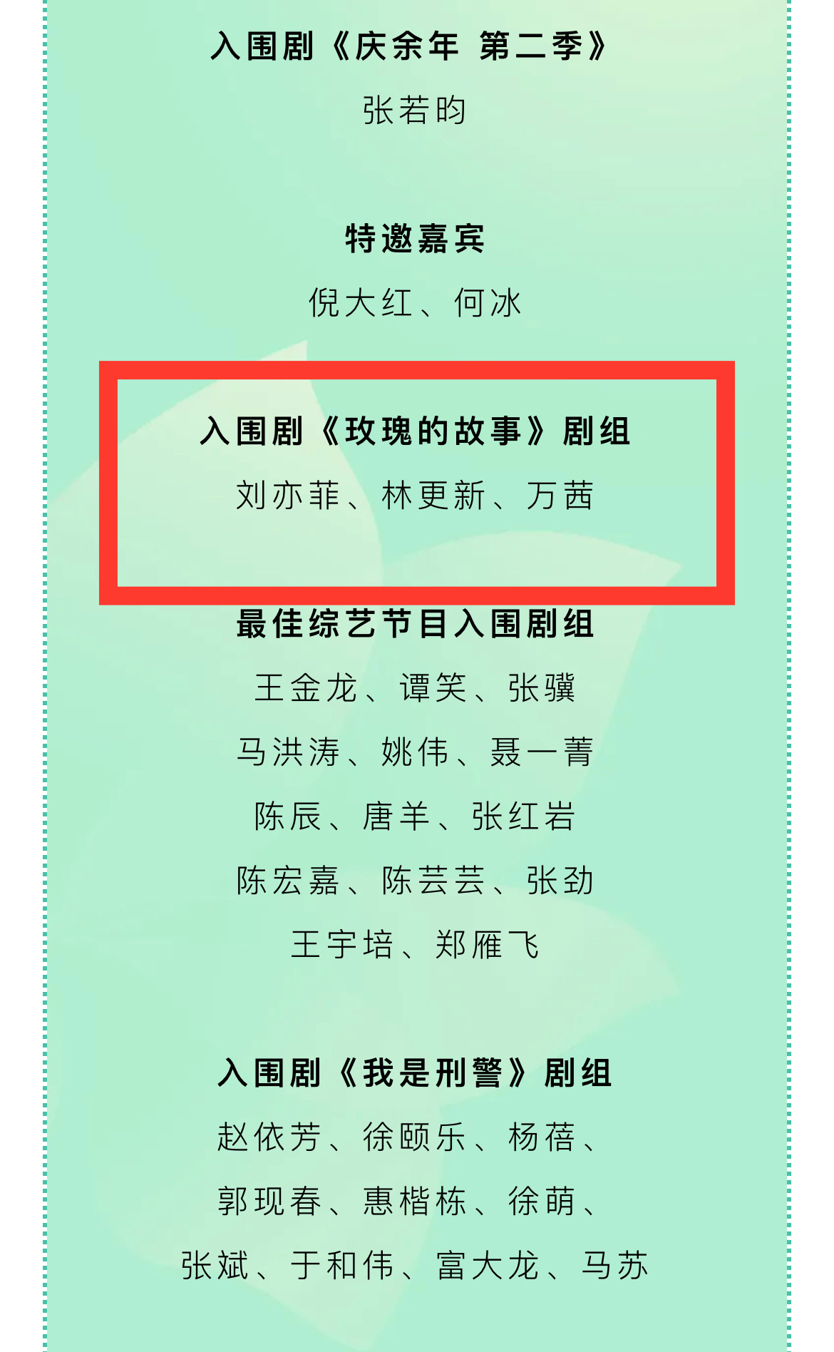 去年官方上午还发了出席名单，央视新闻也转发了，结果刘亦菲没来白玉兰把刘亦菲放进战