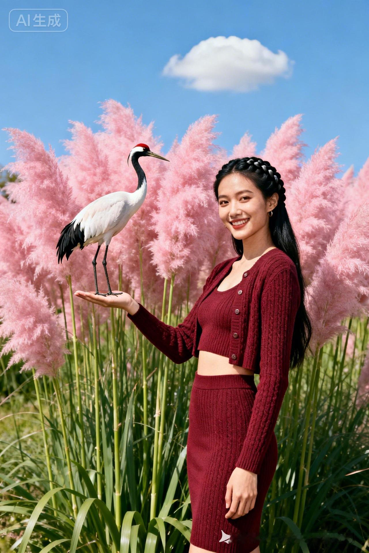 粉嫩花海中的少女与仙鹤，梦幻而唯美！🌸🦢💕