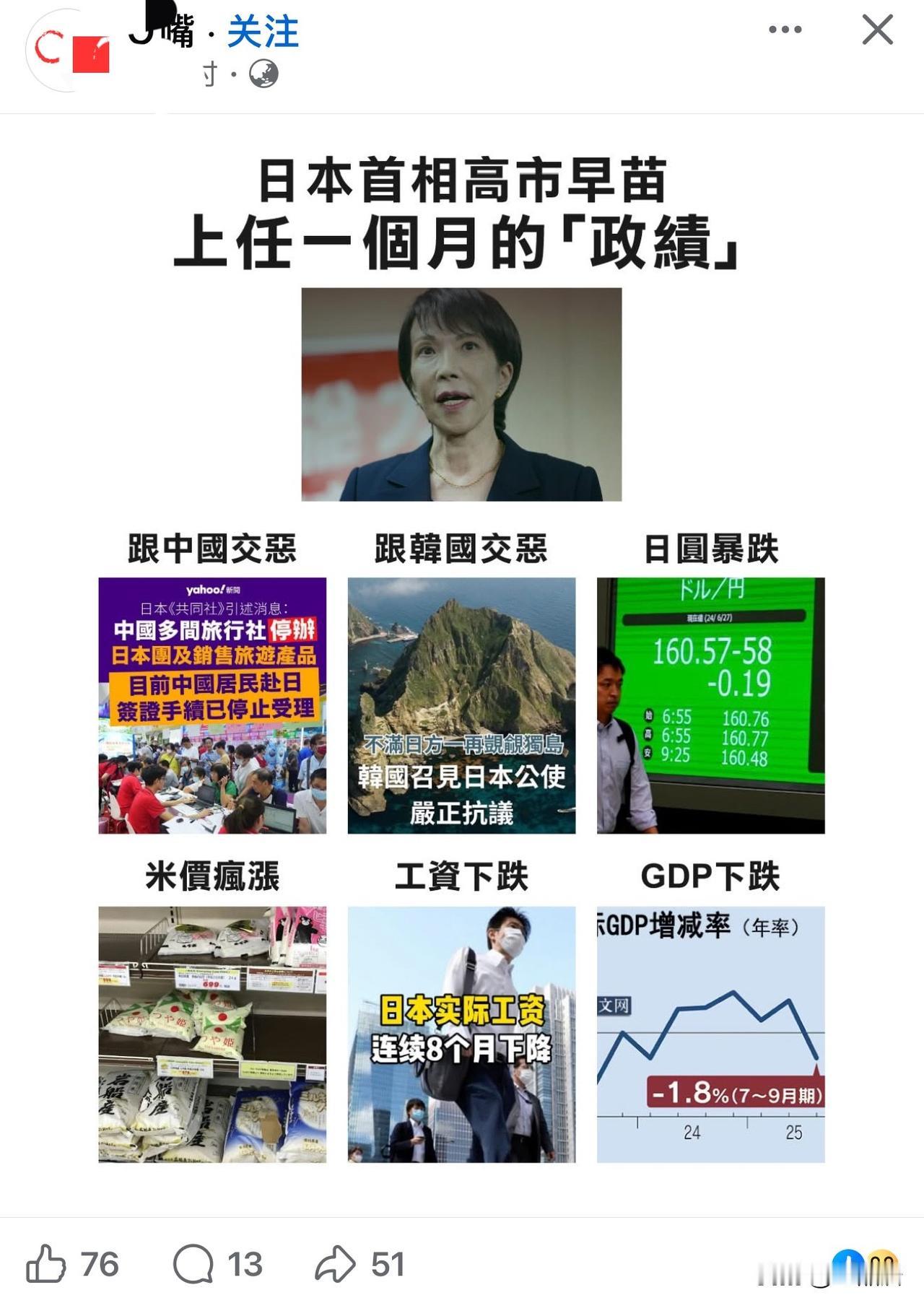 网络上，有人总结，日本首相高市早苗，上任一个月的“政绩”。据说，日本人对她支持度