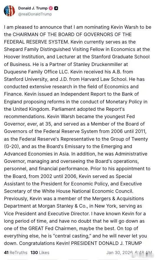 美国总统特朗普提名前美联储理事凯文.沃什担任美联储主席。沃什生于1970年，是美