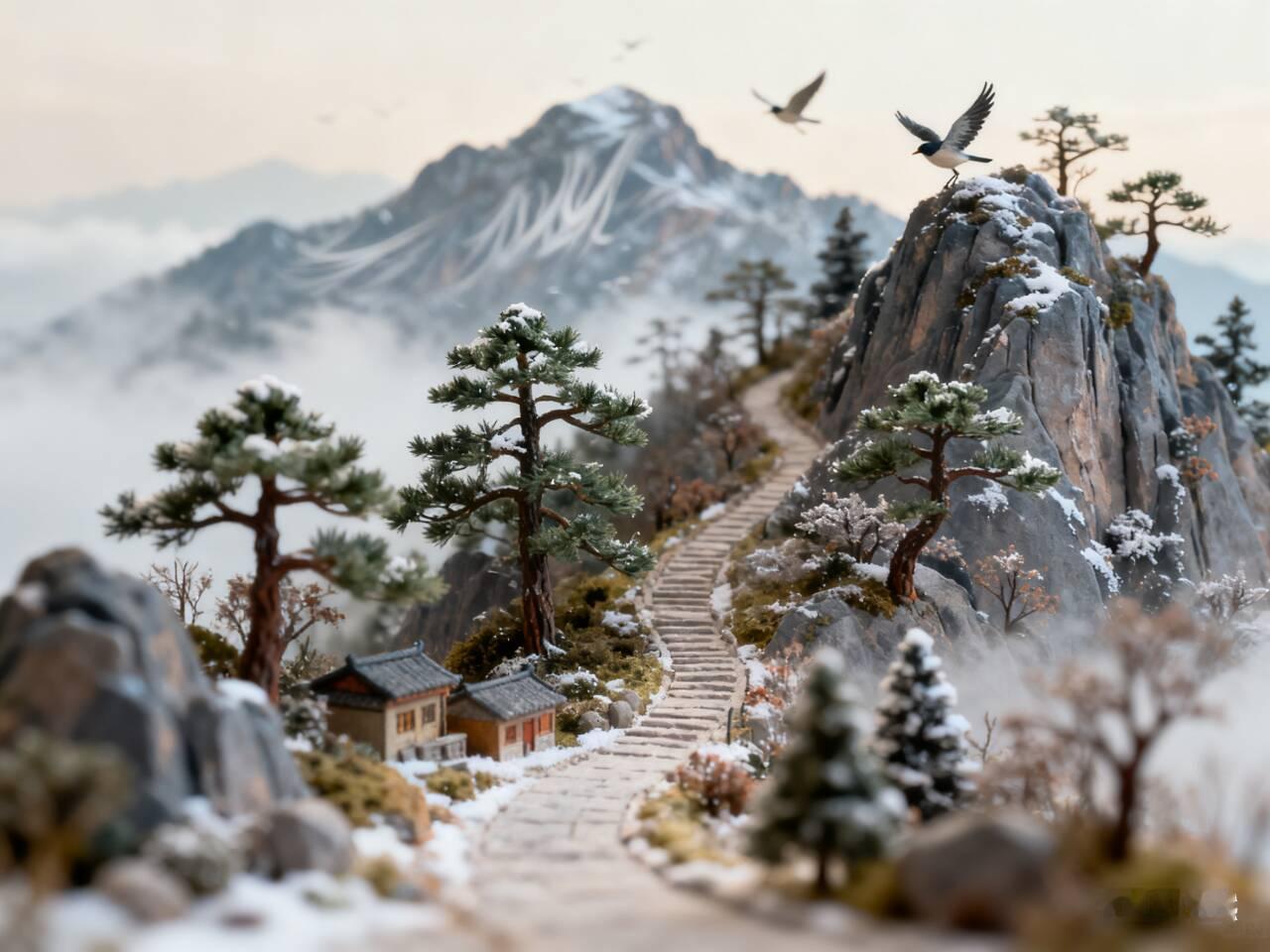 天净沙·风逐巅山
晨风逐冷途倾，
鸟啼冬晓初明。
莫问巅山径影。
持家南行，
浅