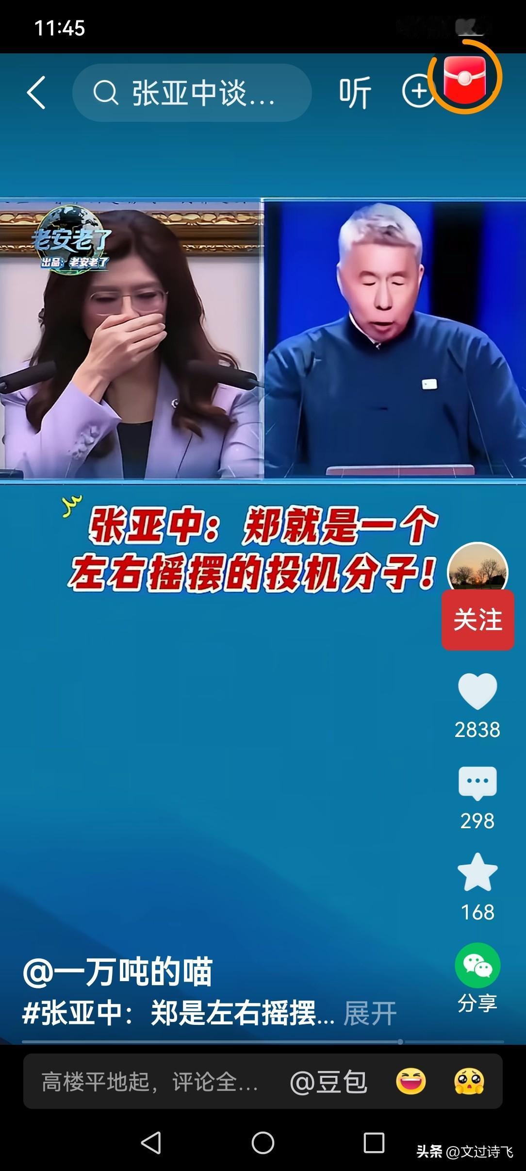 张亚中痛批国民党有屁股没大脑，并指责郑丽文是一个左右摇摆的投机分子。
张亚中这是