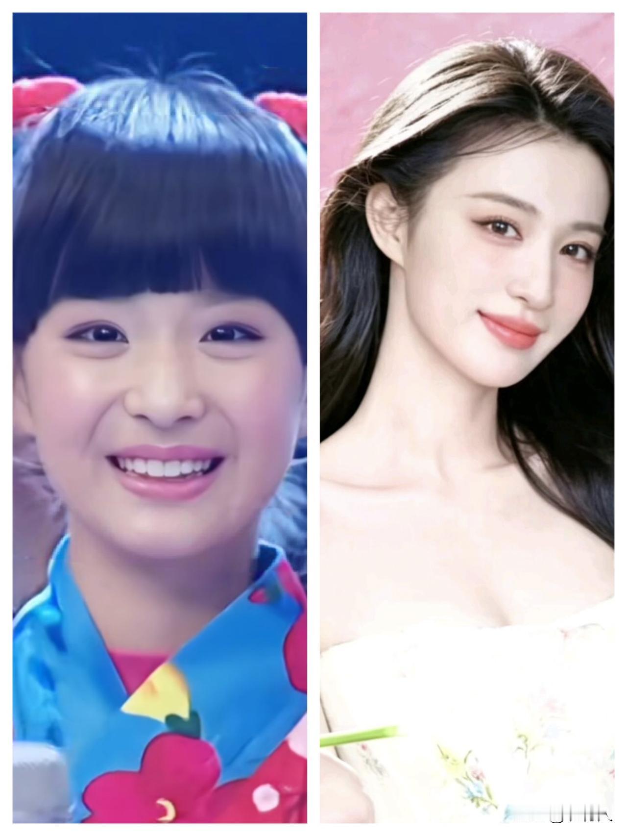 童年时期的王楚然，笑起来和现在基本上一模一样。从小就是一个美人胚子，真是女大十八
