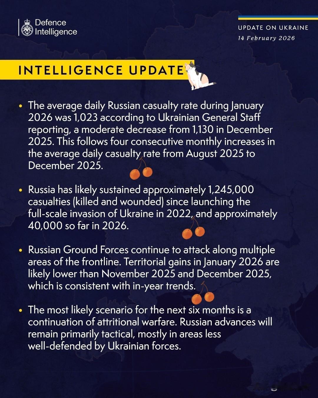 🖊乌克兰总参谋部消息：2026年1月，俄军的日均伤亡率为1023人，比2025