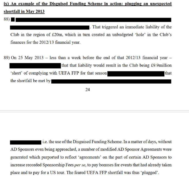 在 2012/13 财年末，曼城发现一笔意外资金缺口，这会导致俱乐部违反财政公平