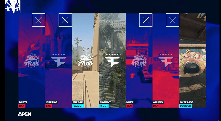 BLAST鹿特丹FaZe对阵TYLOO选图：Mirage Ancient Overpass