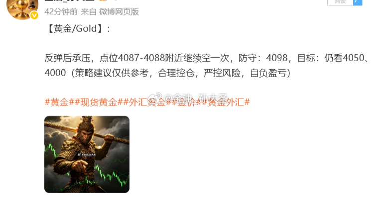 黄金4087一线空，现如期回落4170一线，空单160余点利润到位，上单损失成功