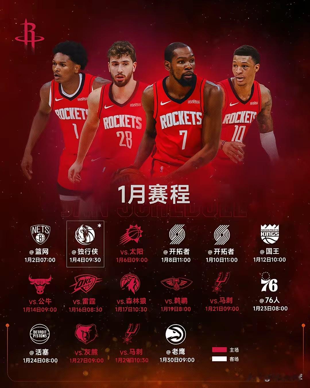 2026年火箭一月份赛程[比心]