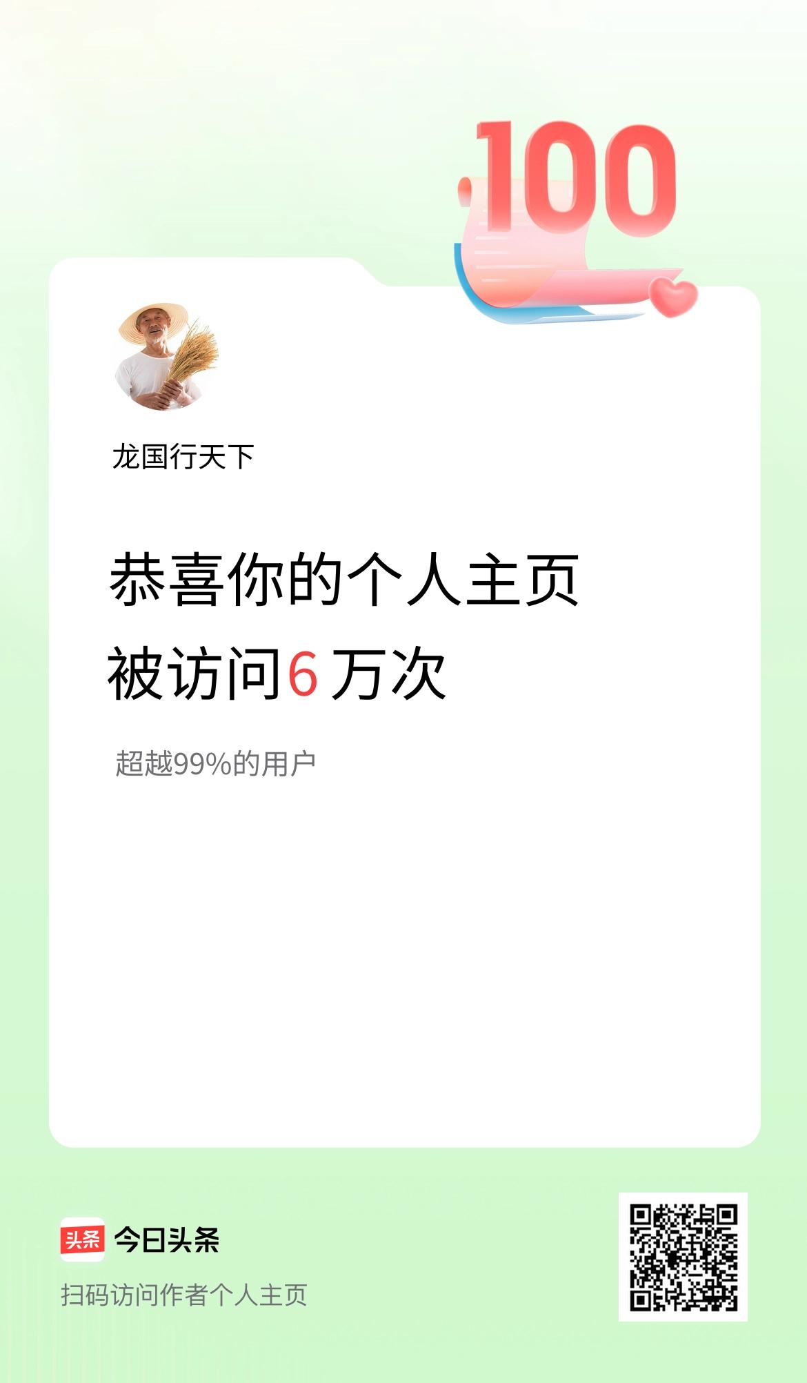 我的头条个人主页被访问6万次啦！