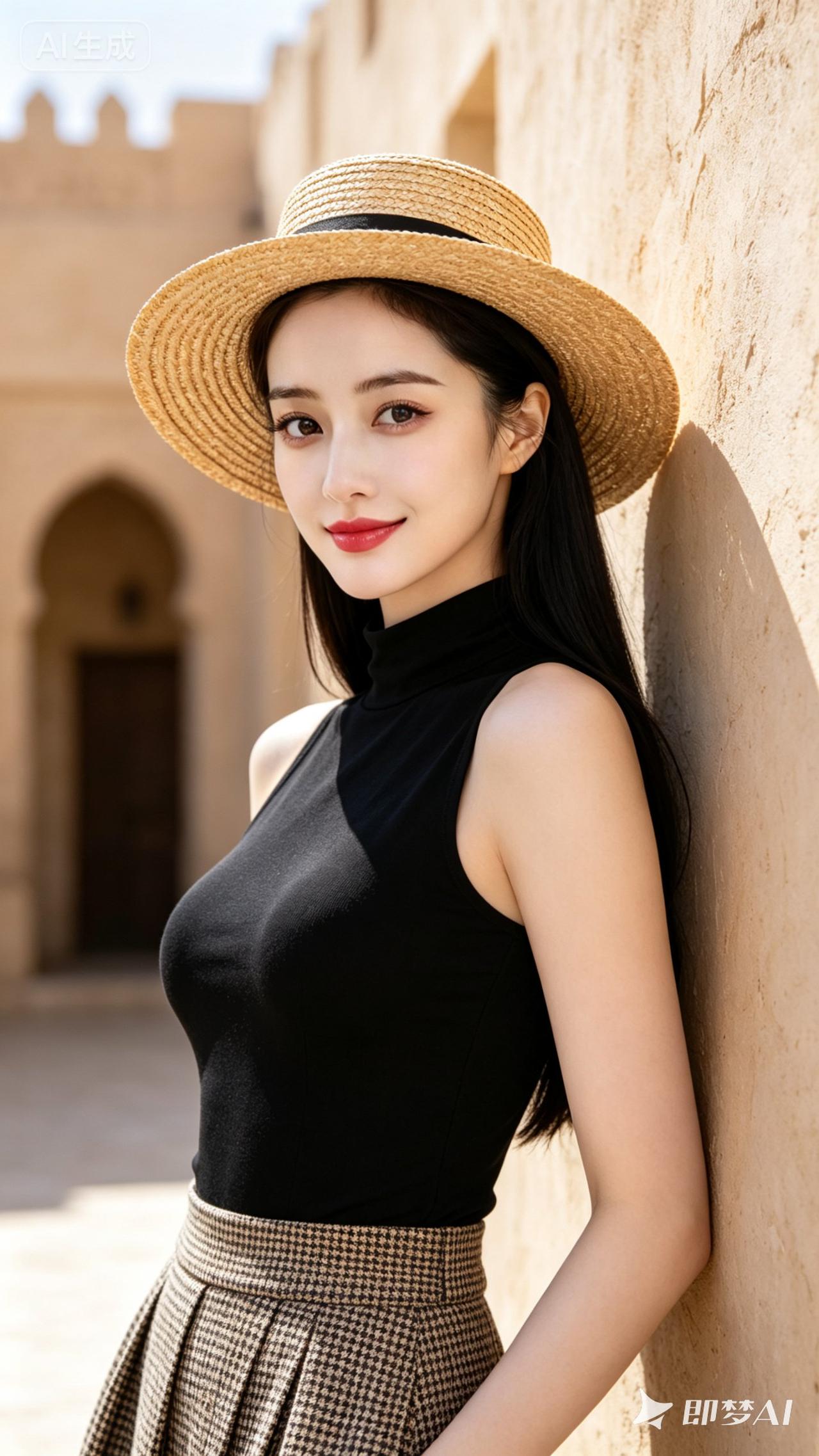 一个漂亮姑娘靠墙微笑。
