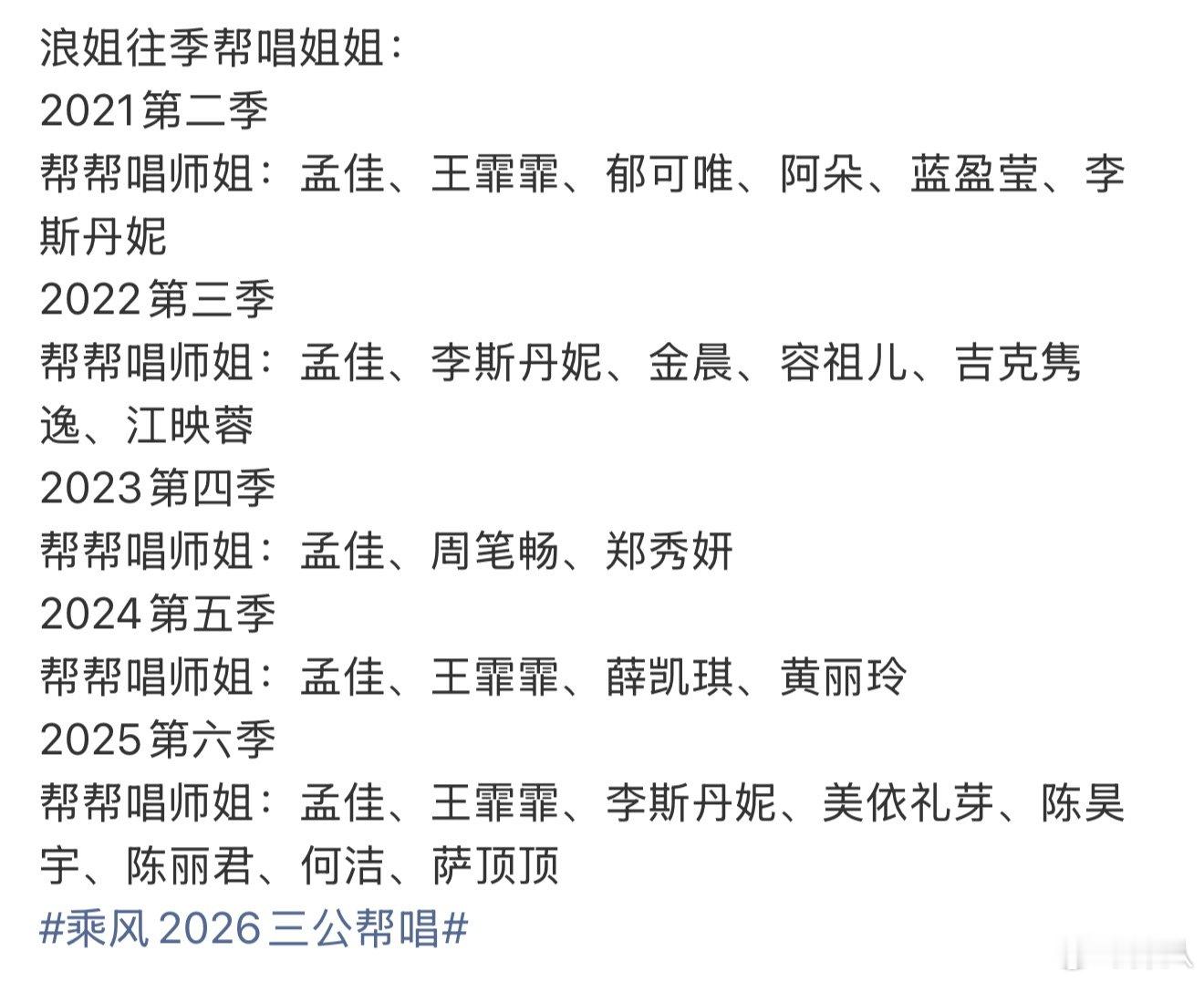 浪姐往季帮唱姐姐浪姐一共造就了12个帮唱舞台 浪姐一共造就了12个帮唱舞台，可以