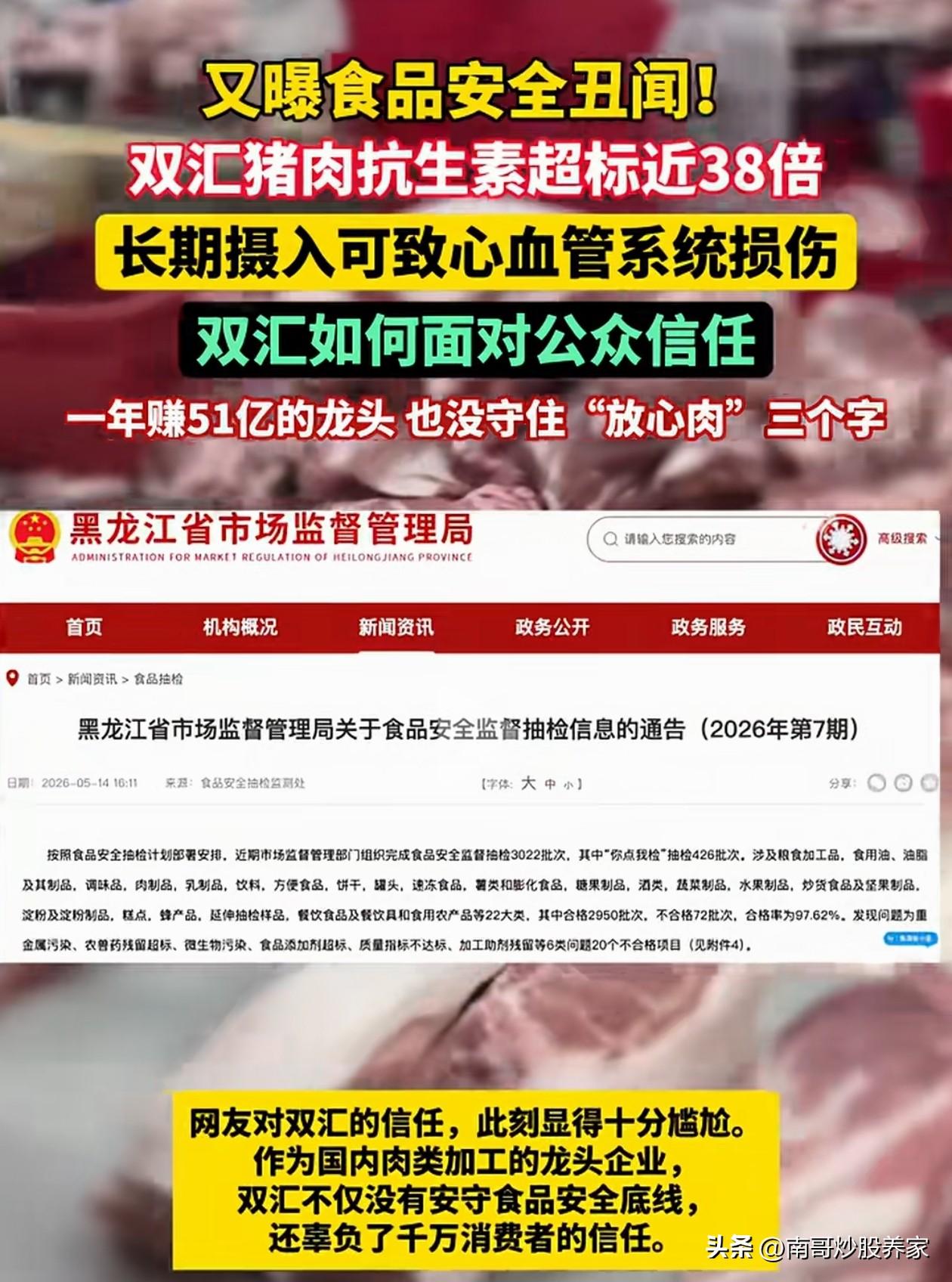 双汇猪肉被爆，抗生素超标38倍！！！这是什么概念？
[碰拳]是食品安全无人管导致