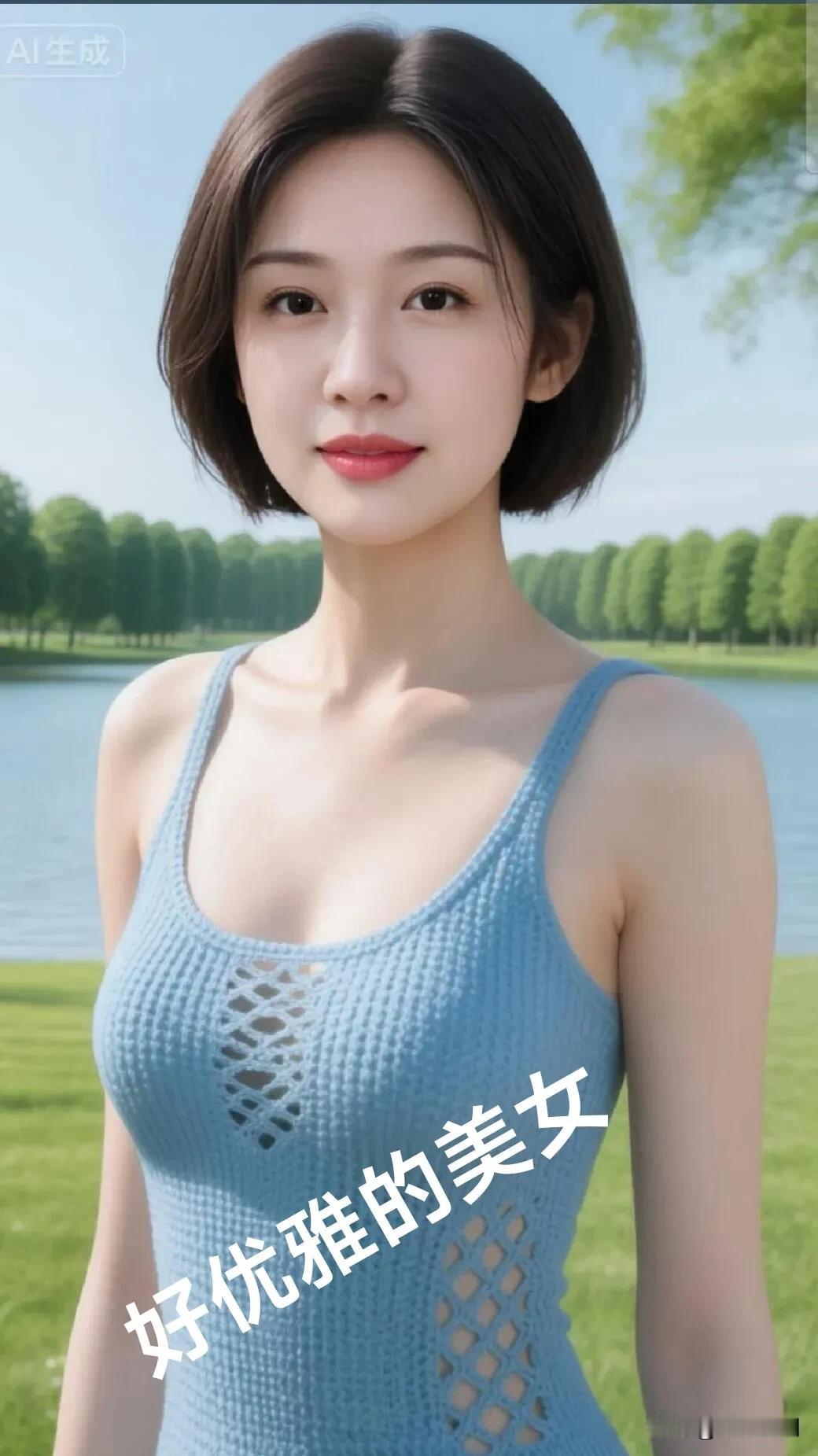 淡蓝针织如湖水漾开的涟漪，短发清爽衬得身姿雅致。她是湖畔的优雅精灵，把自然的清新