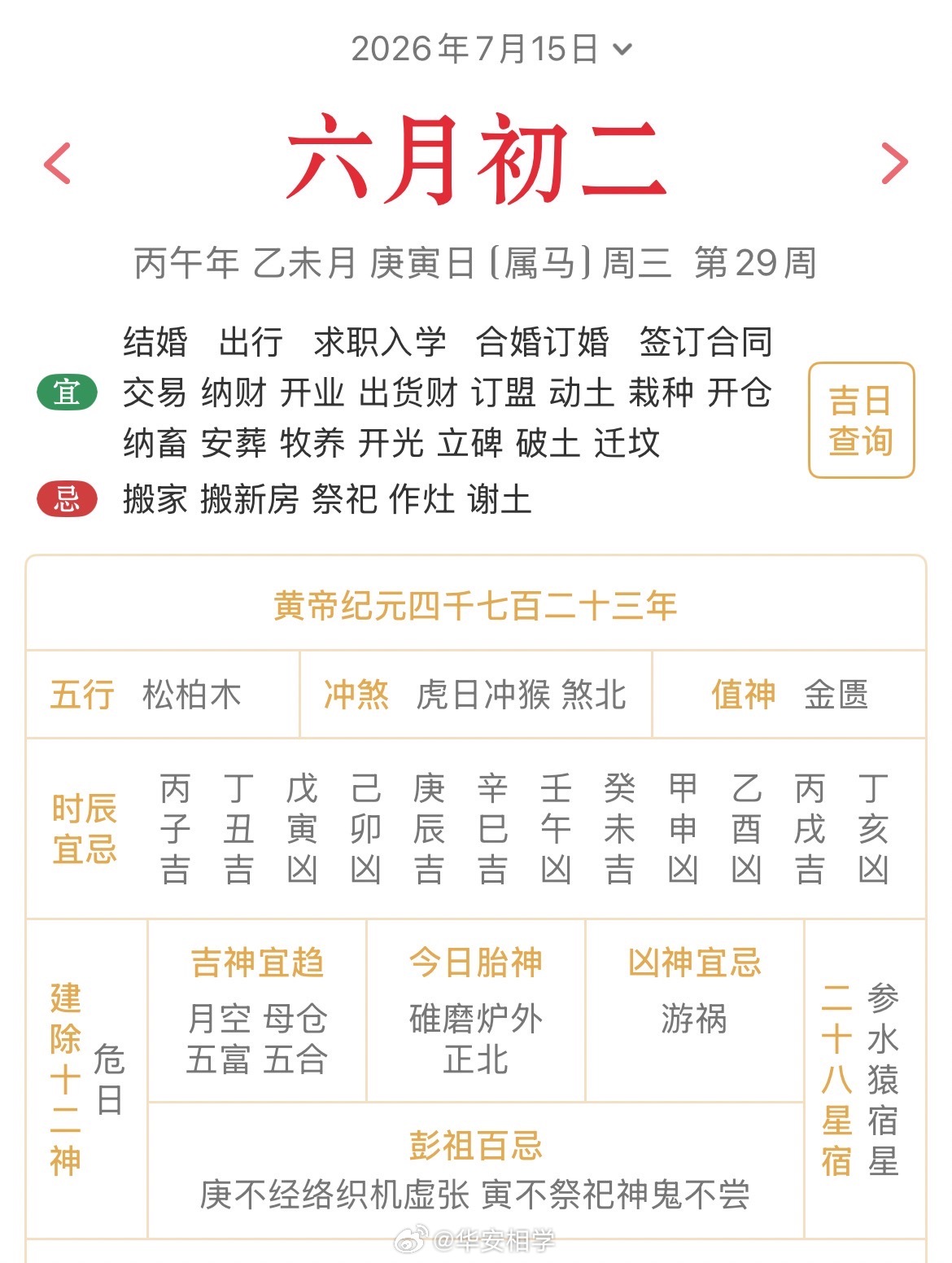 十二生肖每日简运 仅供参考2026.7.15丙午年乙未月庚寅日庚寅天克地冲甲申：