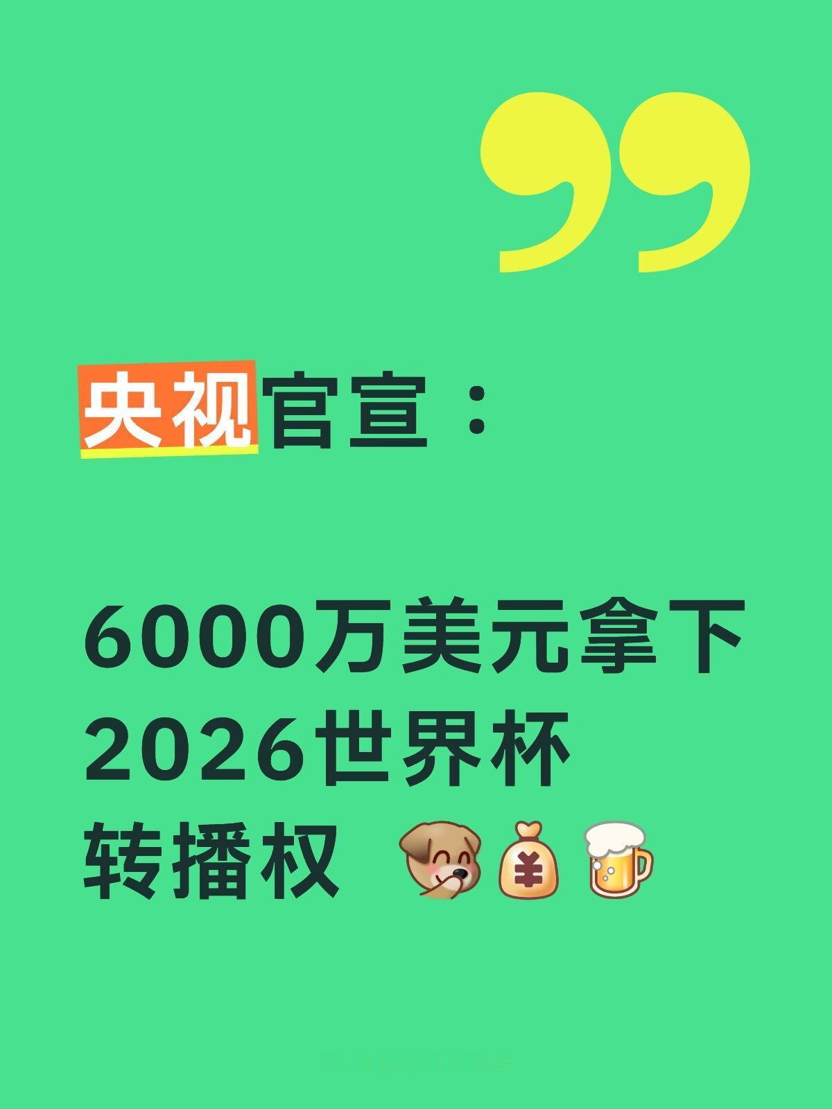 央视一次拿下4届世界杯转播权2026世界杯转播权尘埃落定，央视最终以六千万美元成