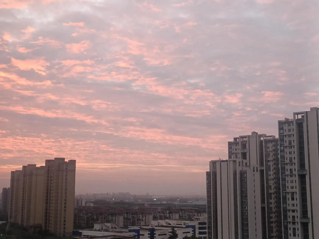 秋日清晨漫步上海嘉定，抬头撞见漫天红云。朝霞层层晕染天际，绯红与淡橙交织，温柔笼