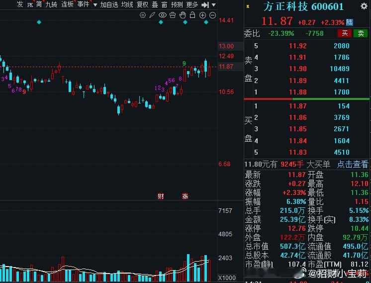 方正节奏还需再等一等，今日震荡走强，半日放量回升，属于高位强势整理。算力 PCB