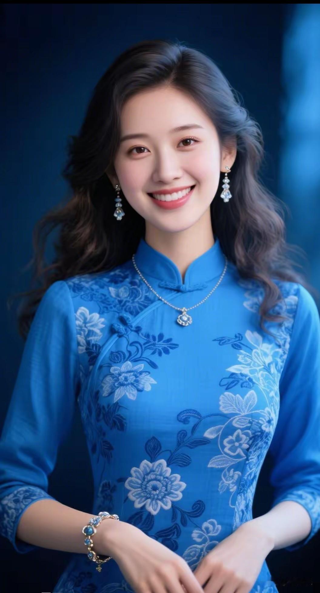 东方服饰，传统文化
高贵典雅，仪态万方
蓝色旗袍，伴光温婉
心素如兰，人淡如菊