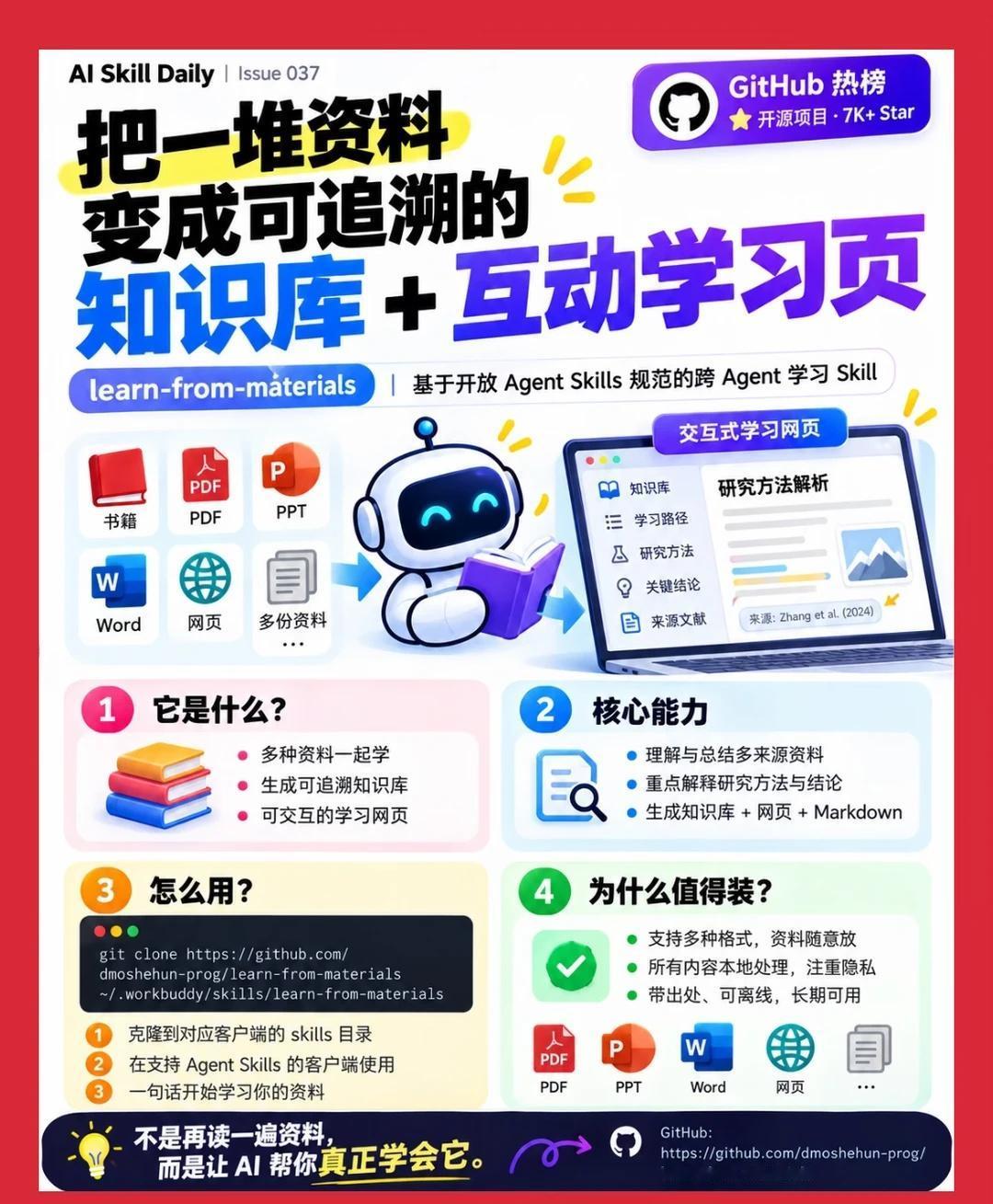 Agent Skill：learn-from-materials。
	
它解决的