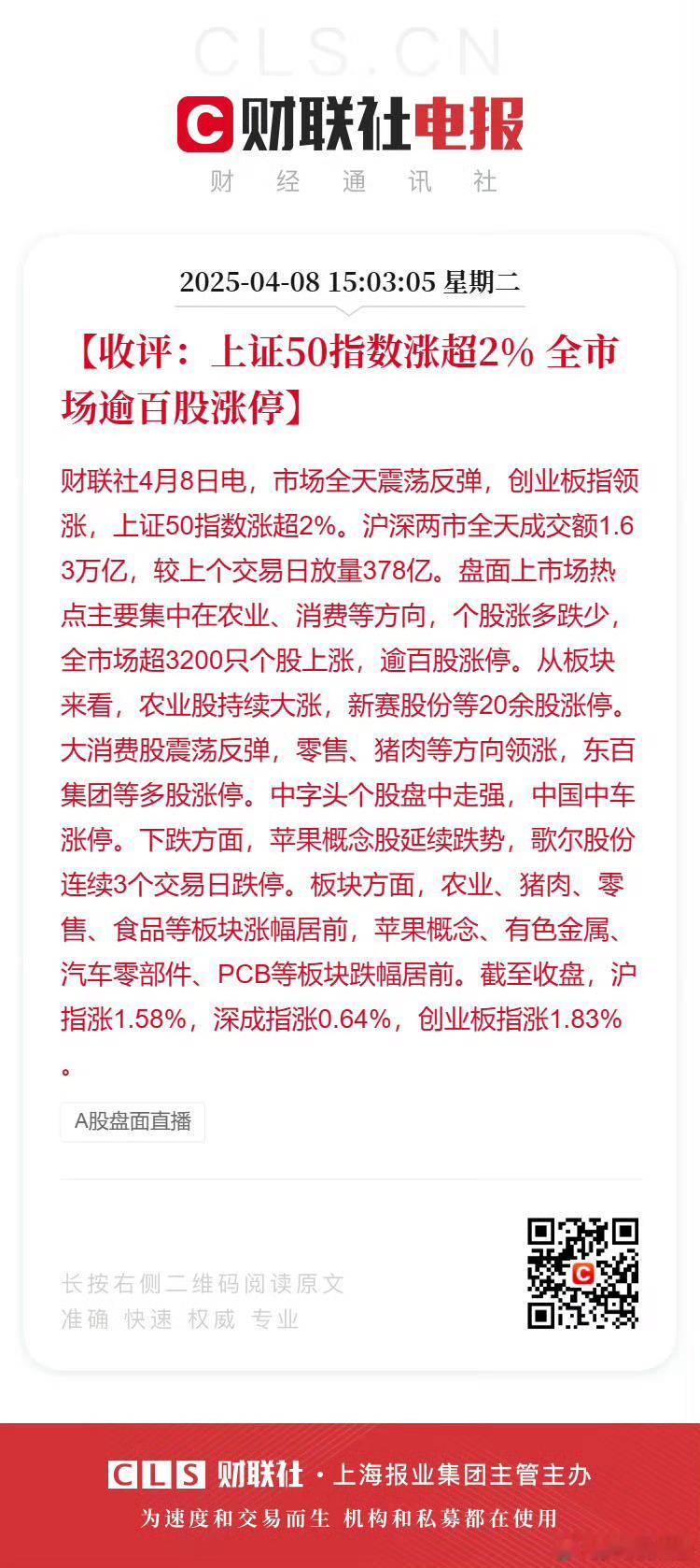 A股逾百股涨停超3200只个股上涨【收评：上证50指数涨超2% 全市场逾百股涨停