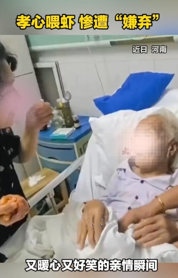又暖又逗！女儿嚼碎虾喂住院妈妈被拒：你要给我，我就扔了！
 
近日，河南一家医院