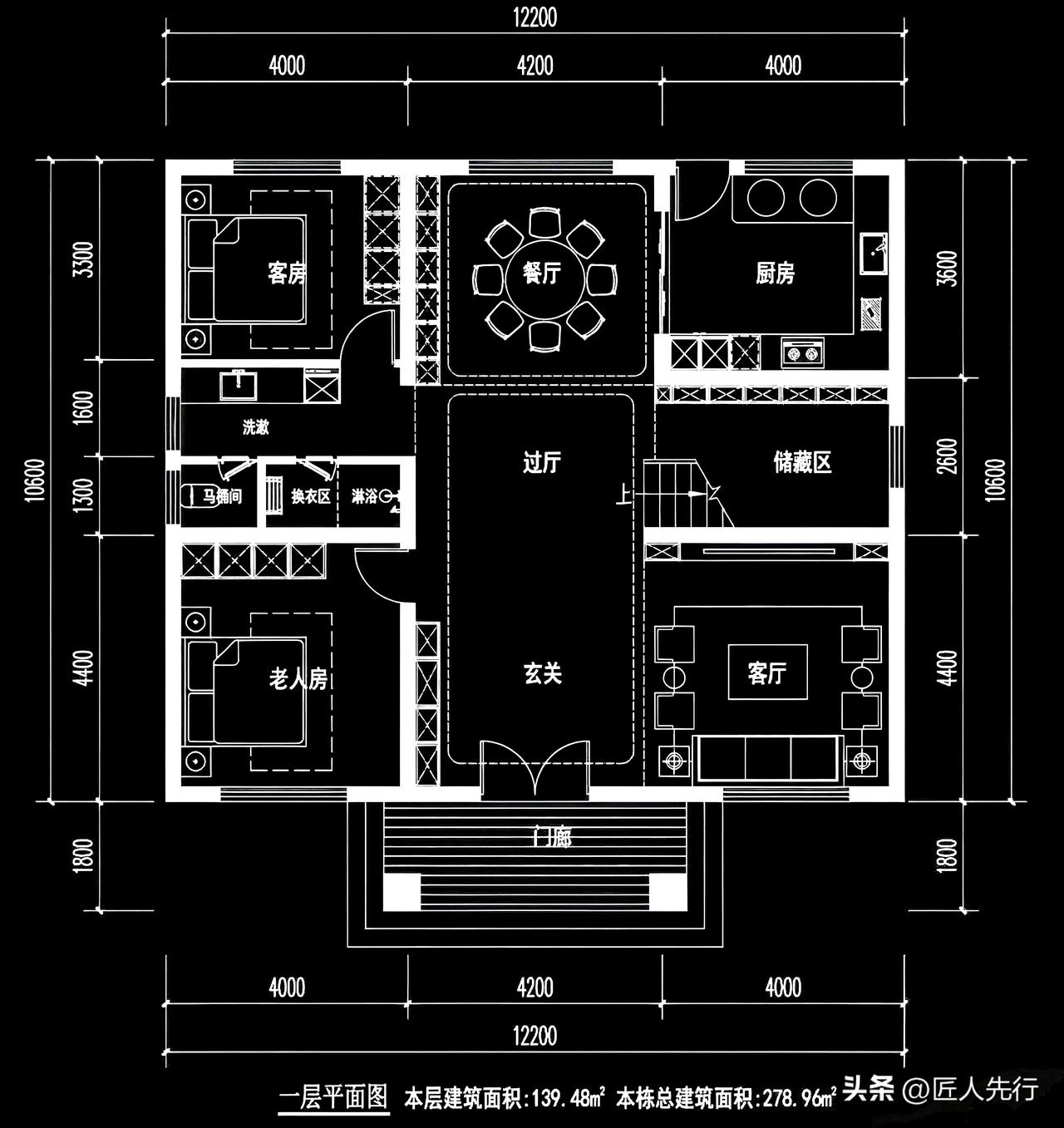 乡村自建房设计，占地尺寸12.2米X10.6米，可以看看这个布局，门厅尺寸1.8
