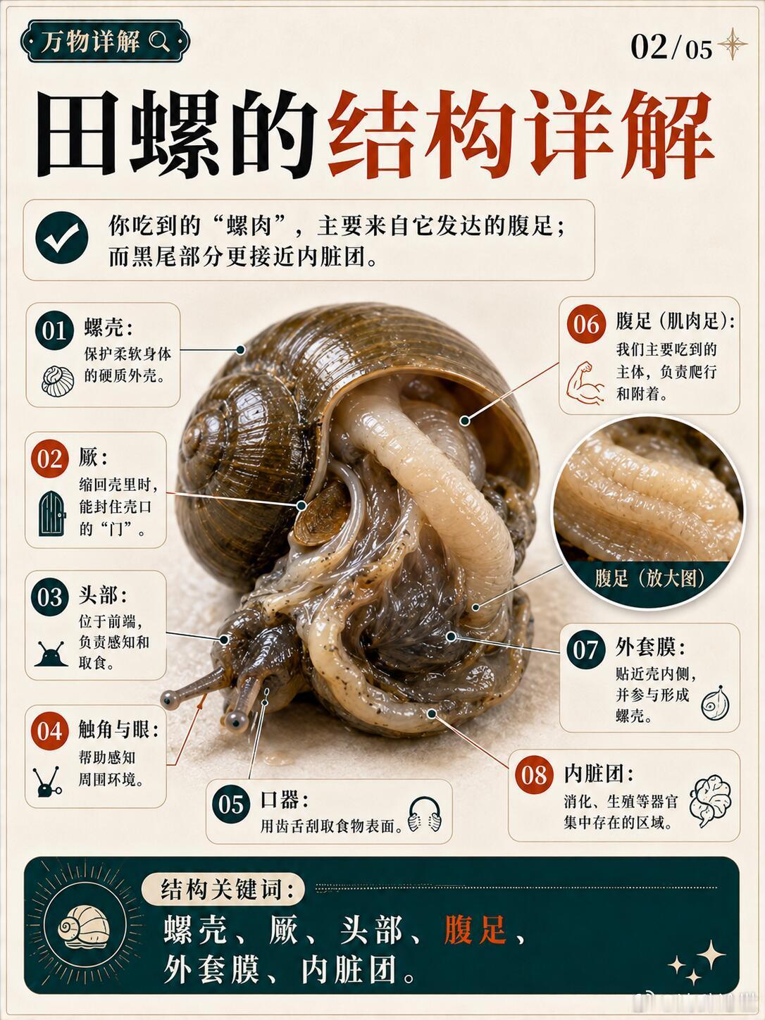 我们吃的田螺肉，原来是它的“脚”每次吃田螺，轻轻一吸，就能吸出一整条又脆又弹的“