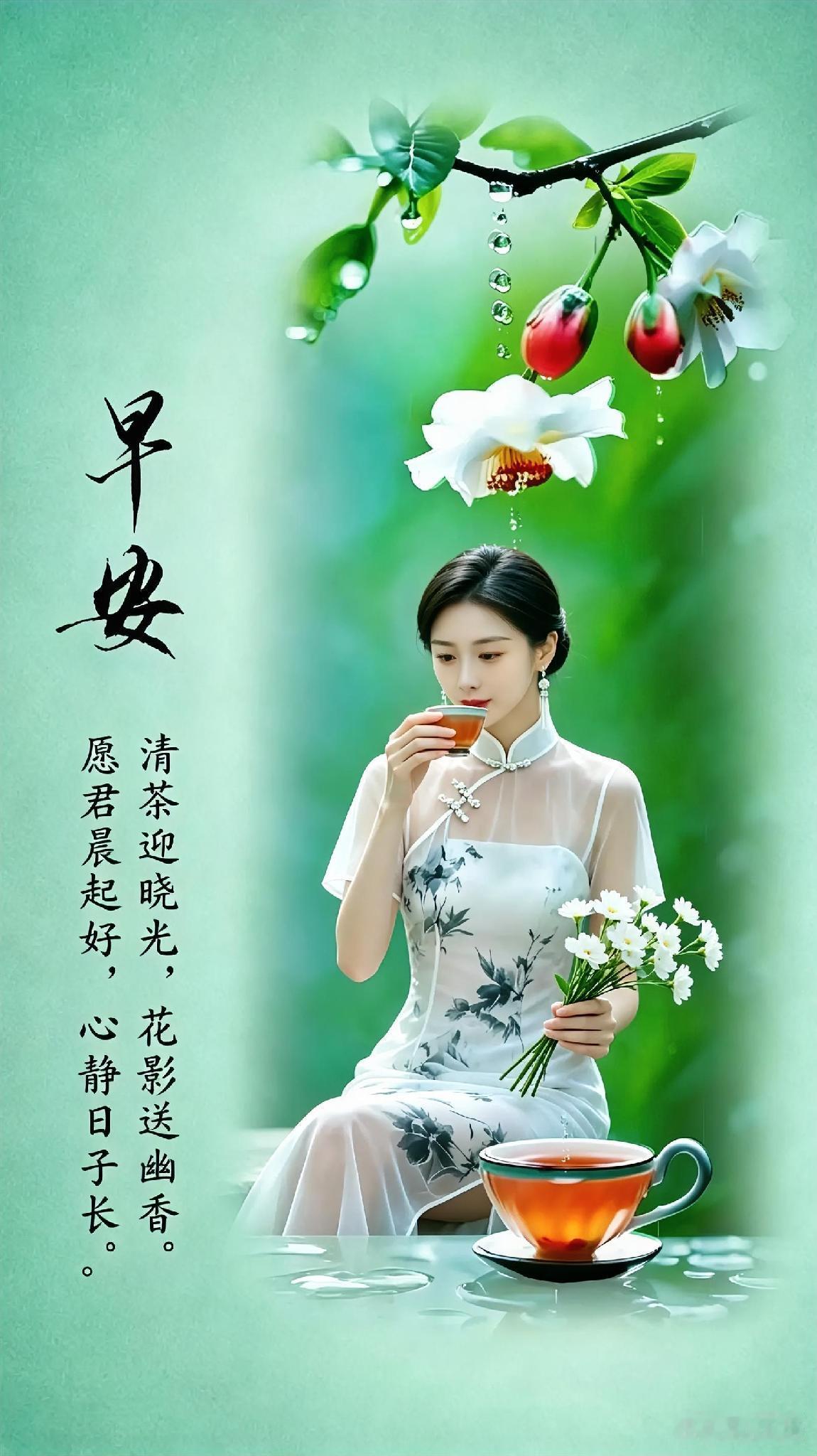 友友们，早上好！
清茶迎晓光，花影送幽香，
愿君晨起好，心静日子长。