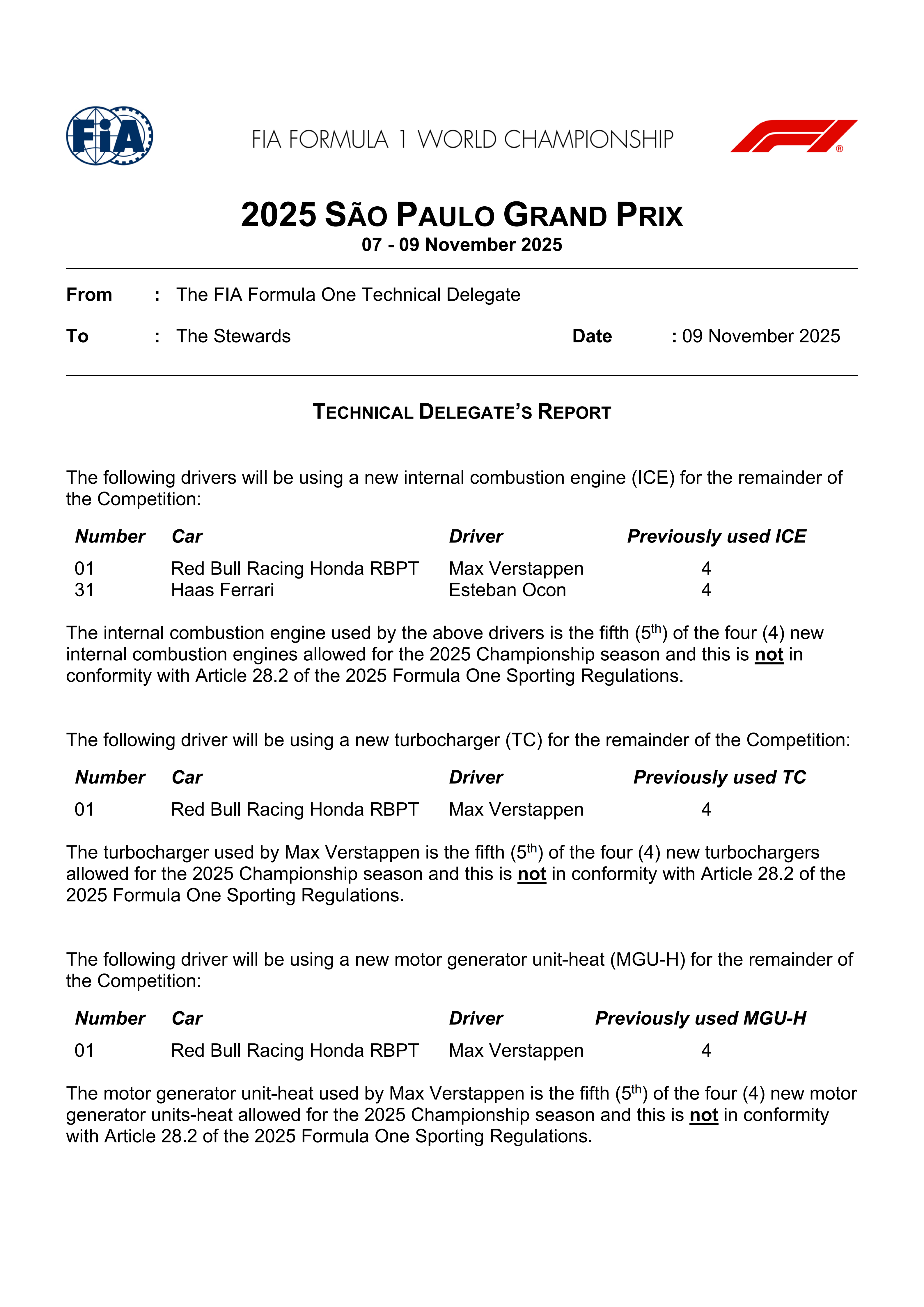 维斯塔潘启用了一整套全新的动力单元，奥康启用了本赛季的第5台内燃机，他们二人都将