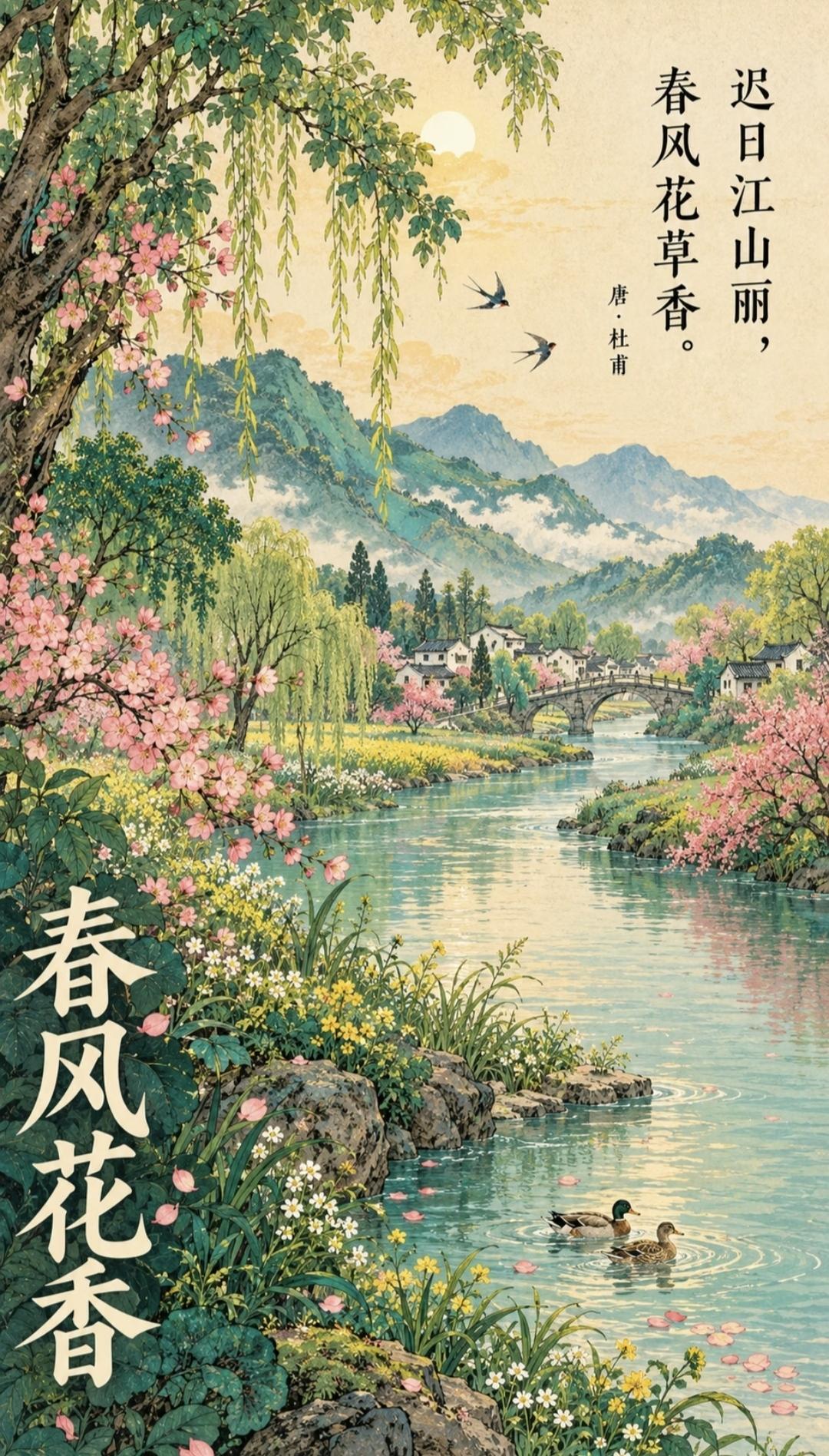 把古诗画成四季，你最想走进哪一张？🌿
春天，是“迟日江山丽，春风花草香”。 燕