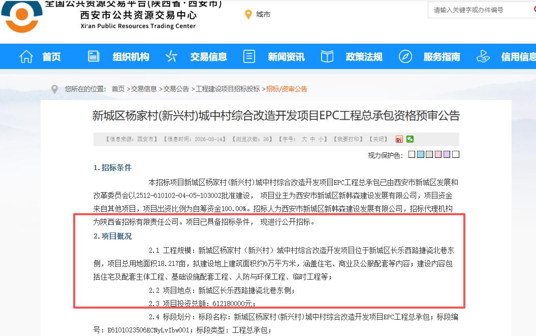 总投资超6.12亿元！西安这个城中村综合改造开发项目迎来新进展，新地块启动招标.