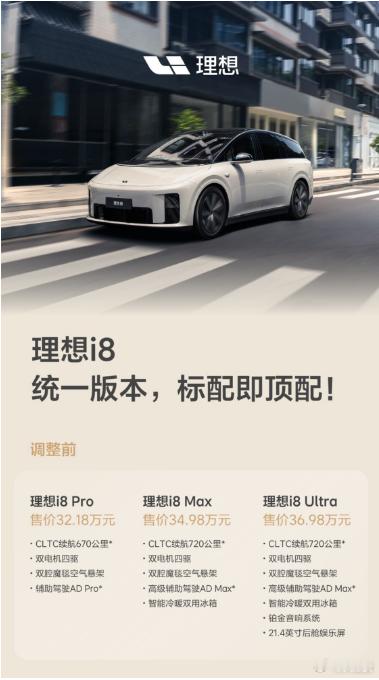 理想汽车官方公告[雪糕][雪糕][雪糕]：✅ 统一理想i8配置版本：以 Max 