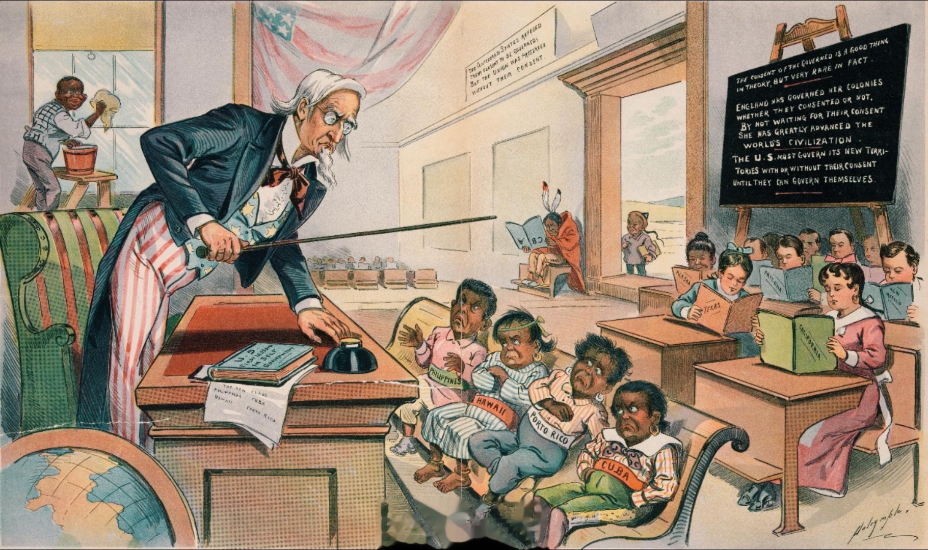 1899年，美国。漫画《School_Begins》，华人学生夹着书本，可怜地站