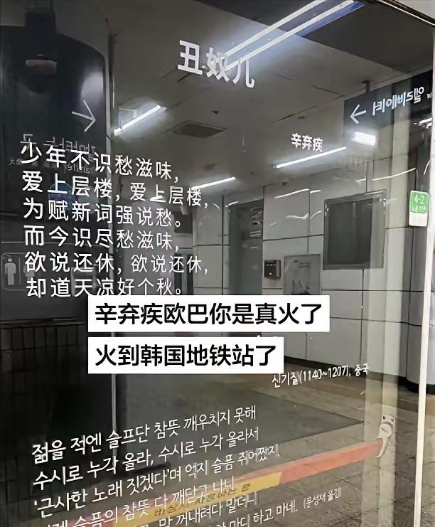火到韩国了！一位中国游客去韩国旅游，准备乘坐地铁时，突然在展台的玻璃门上看到有汉