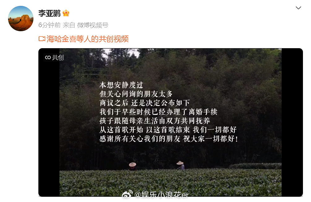 李亚鹏离婚李亚鹏海哈金喜官宣离婚 14日，李亚鹏官宣离婚：“我们于早些时候已经办