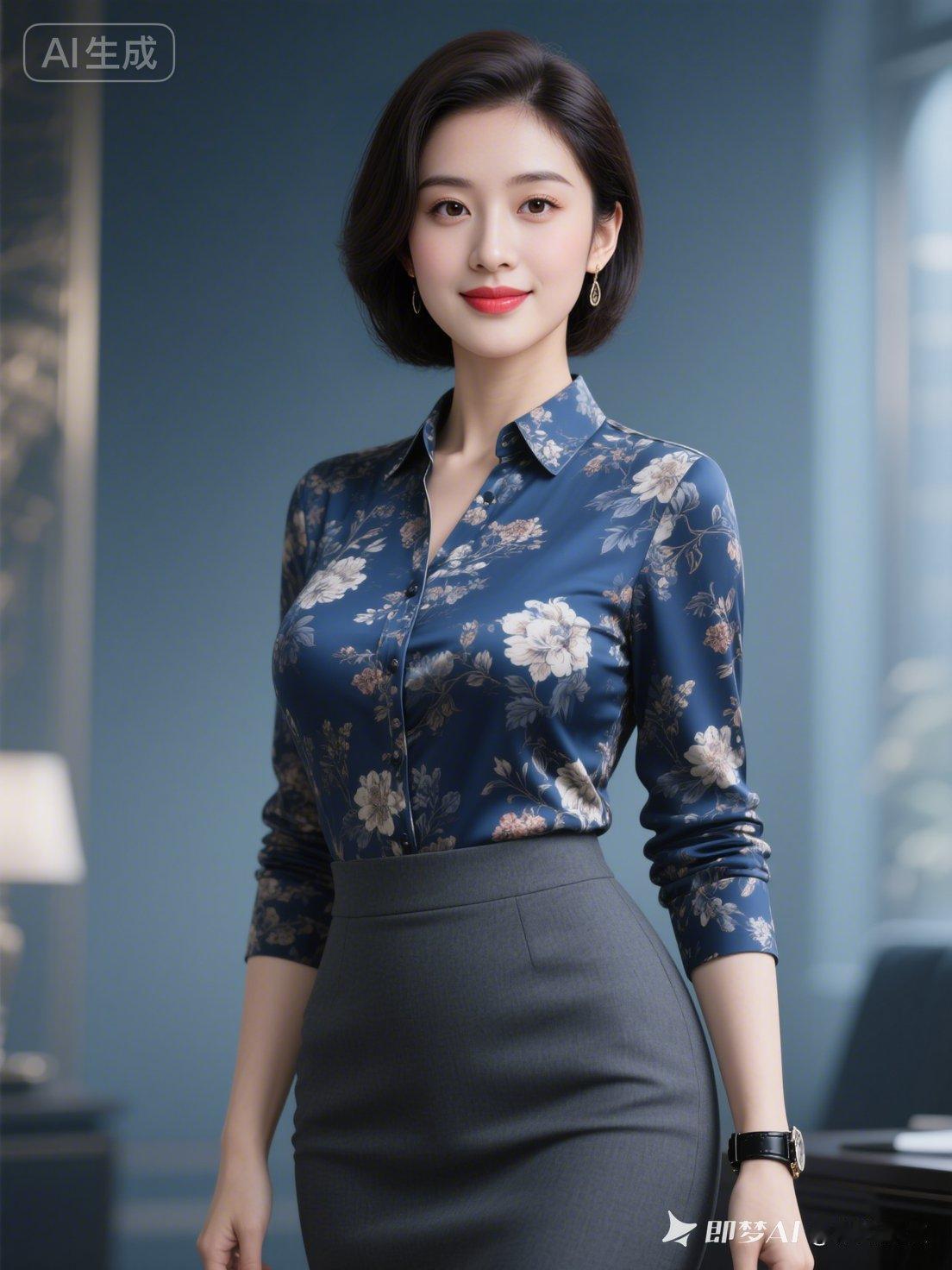 优雅职场风，蓝花衬衫搭配灰色裙装，尽显女性魅力！