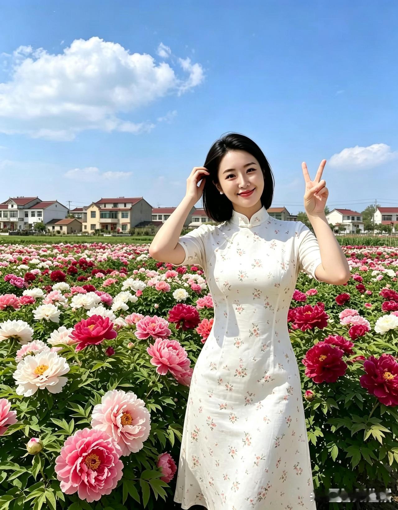 村口大片牡丹开得正好，寻常农家屋后藏着满田温柔
 
这片大田是村里世代栽种的牡丹