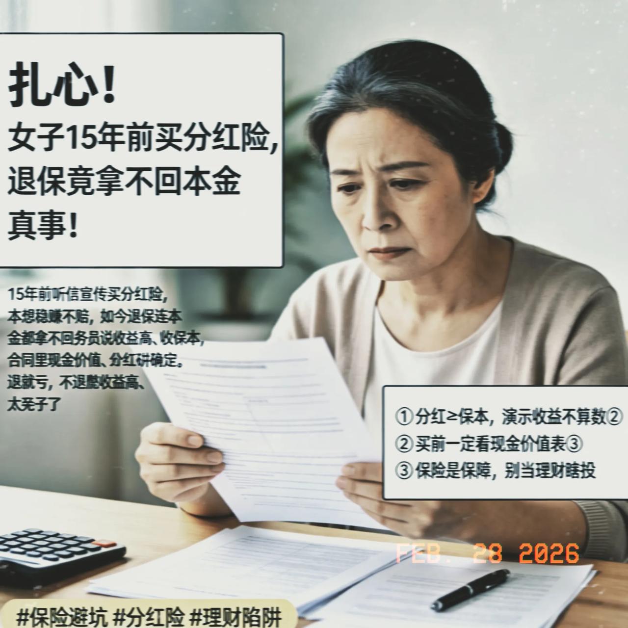 扎心！女子15年前买分红险，退保竟拿不回本金
 
真事！一位女士15年前听信宣传
