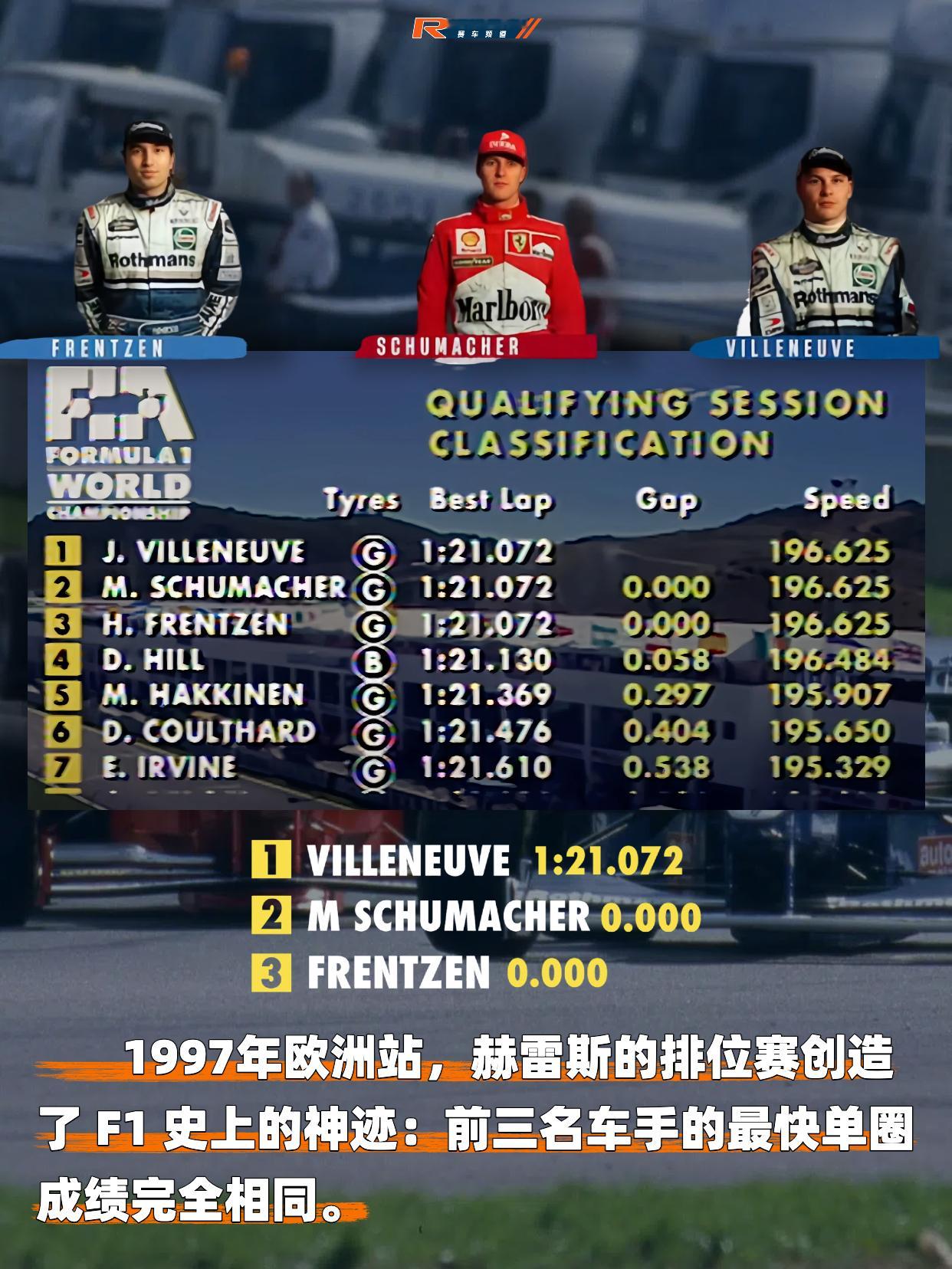 F1你知道吗 1997年欧洲站，赫雷斯的排位赛创造了F1史上的神迹：前三名车手的