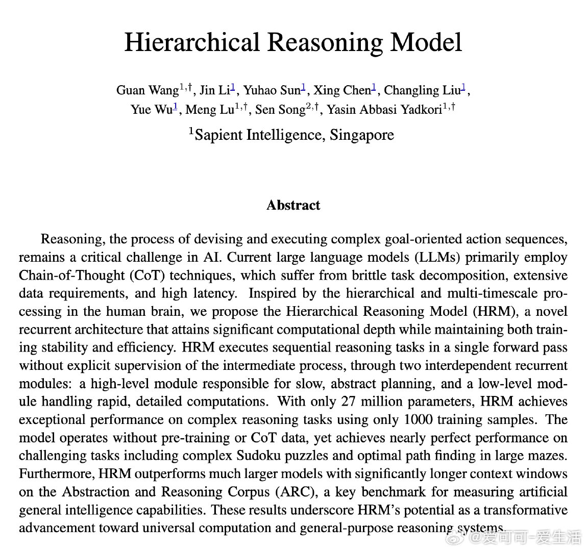 Sapient Intelligence发布的Hierarchical Reas