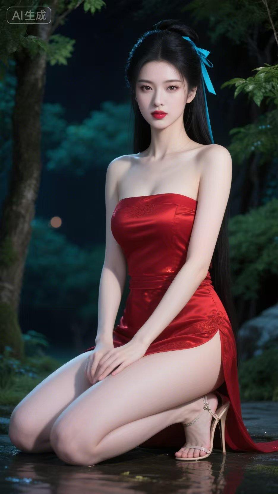 绝句 月夜静思
 
林深月静照红裳，
玉质冰肌映水光。
静立幽蹊含逸态，
恍如神