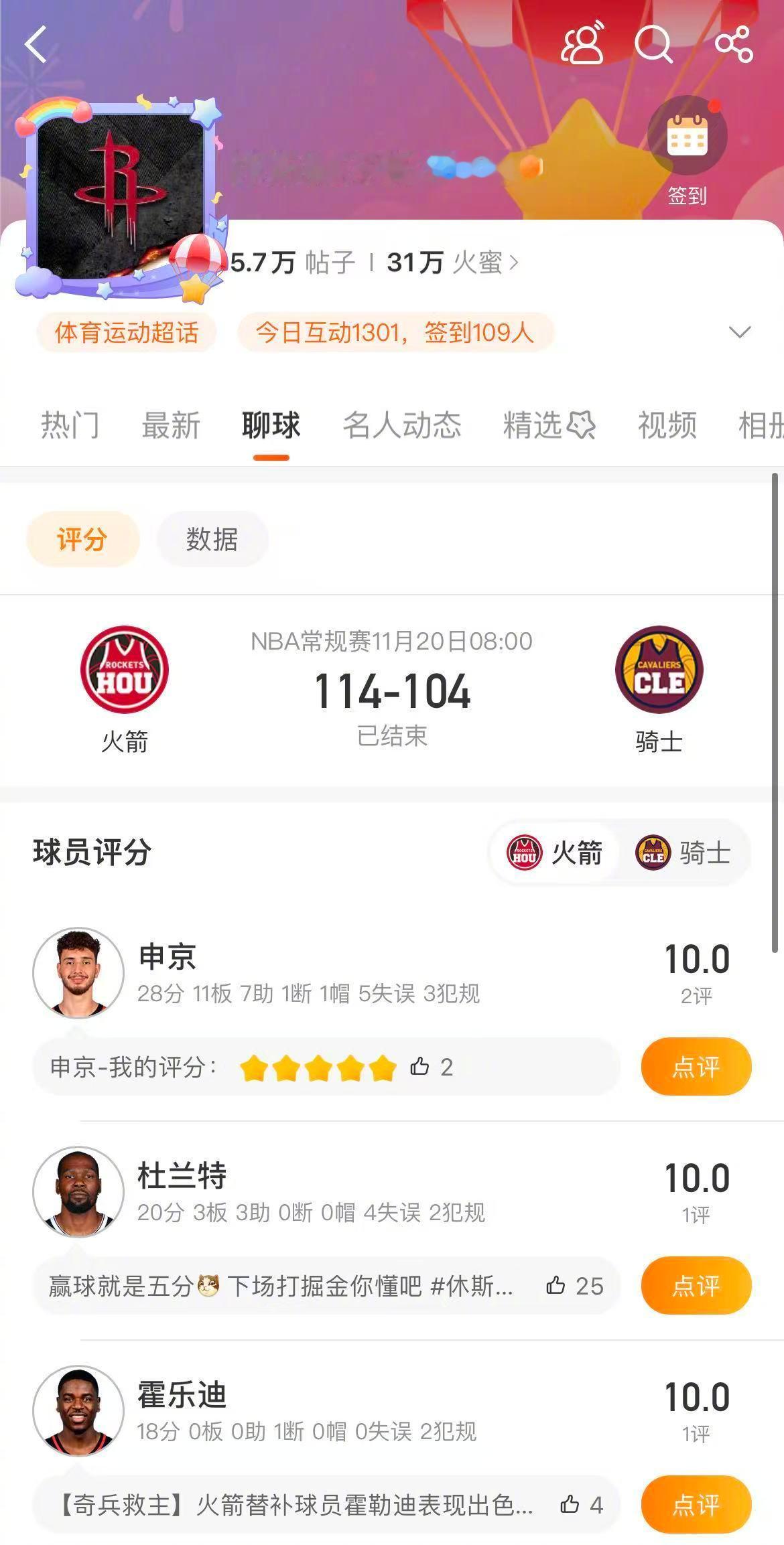 火箭114-104战胜骑士，取得五连胜。申京28分，杜兰特 20分3篮板，阿门1
